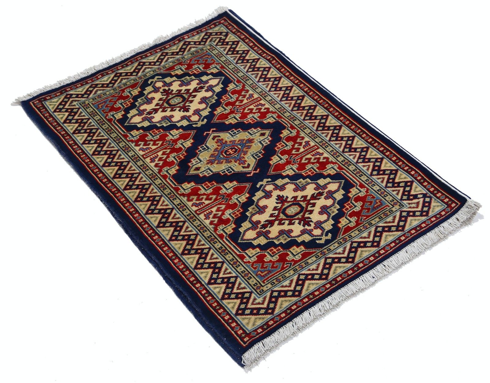 Tapis d'appoint noué à la main, bleu marine, rouge et ivoire, motif médaillon géométrique, 67 x 92 cm photo furniture