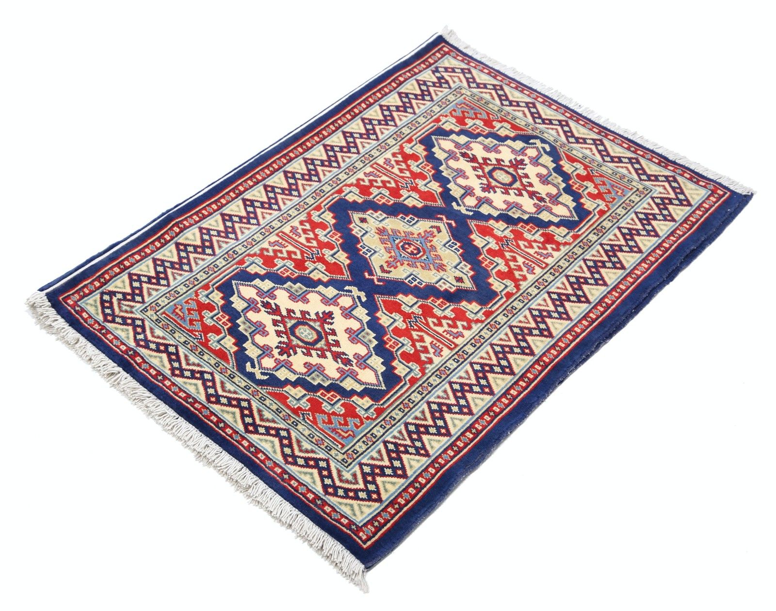 Tapis d'appoint noué à la main, bleu marine, rouge et ivoire, motif médaillon géométrique, 67 x 92 cm photo for sale