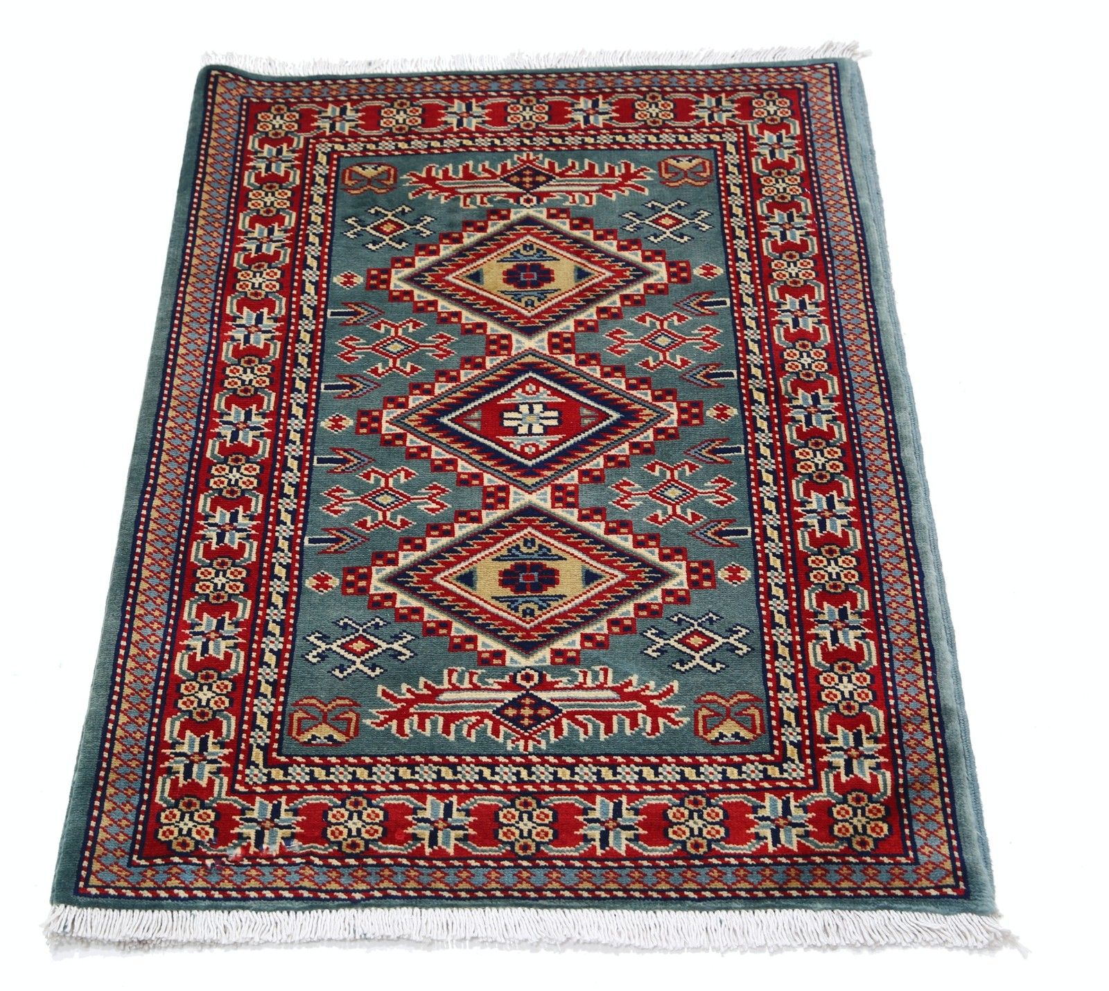 Tapis en laine fait main vert, rouge et ivoire, 2 x 3 pi, motif médaillon géométrique photo Textiles