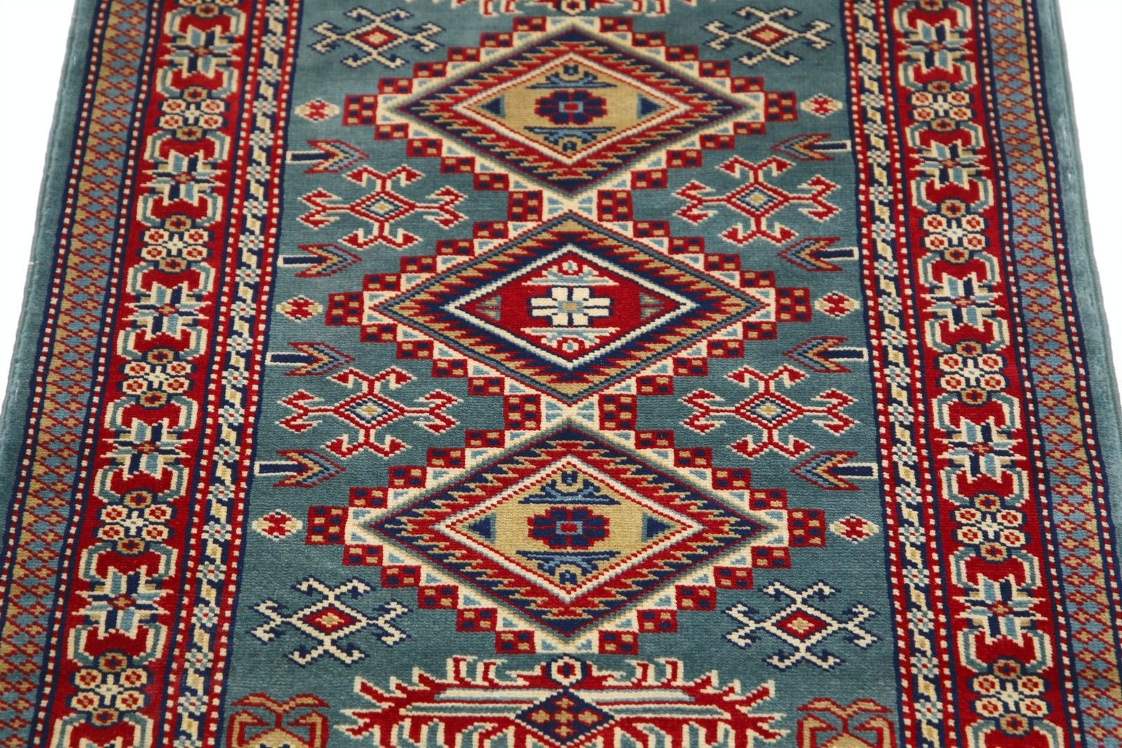 Tapis d'appoint noué à la main, bleu, rouge et ivoire, motif médaillon géométrique, 60 x 90 cm photo 349.0