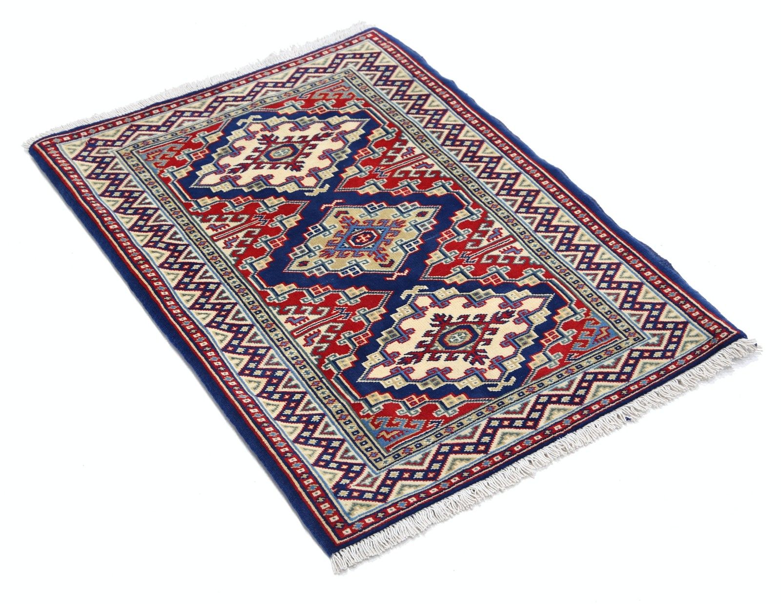 2.2x3 Ft Hand Knotted Navy Blue, Red, Ivory Area Rug. Geometric Medallion Design photo furniture