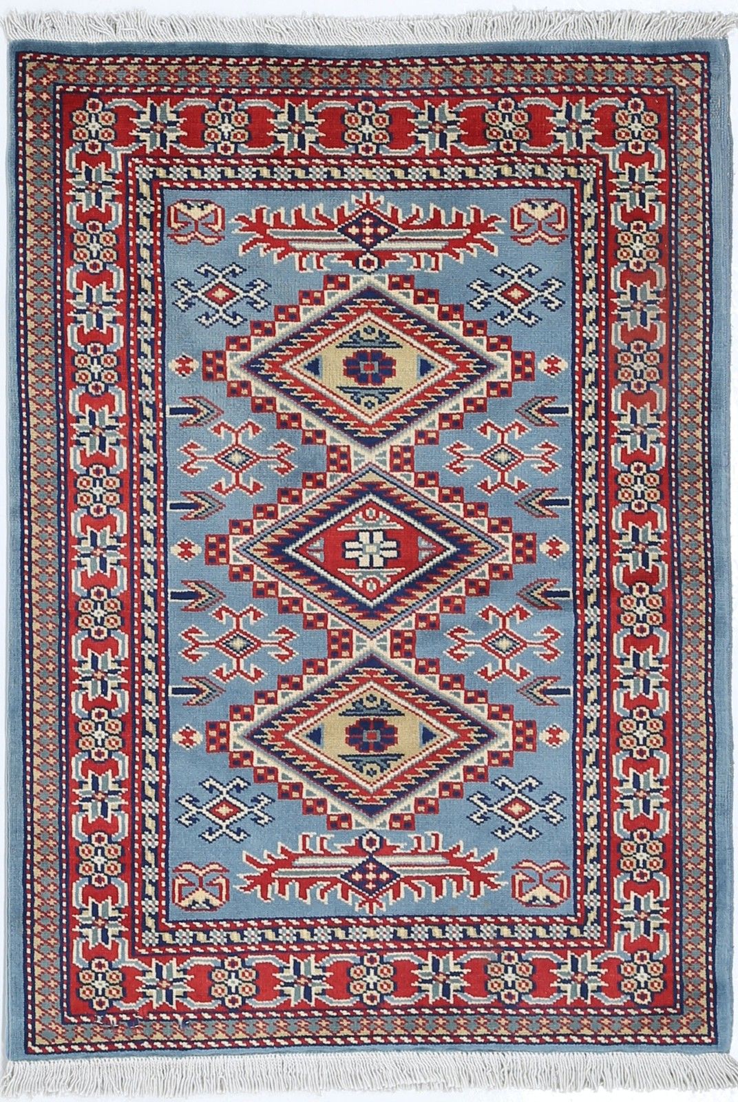 Tapis en laine fait main, bleu clair, rouge et ivoire, 2 x 3 pi - médaillon géométrique