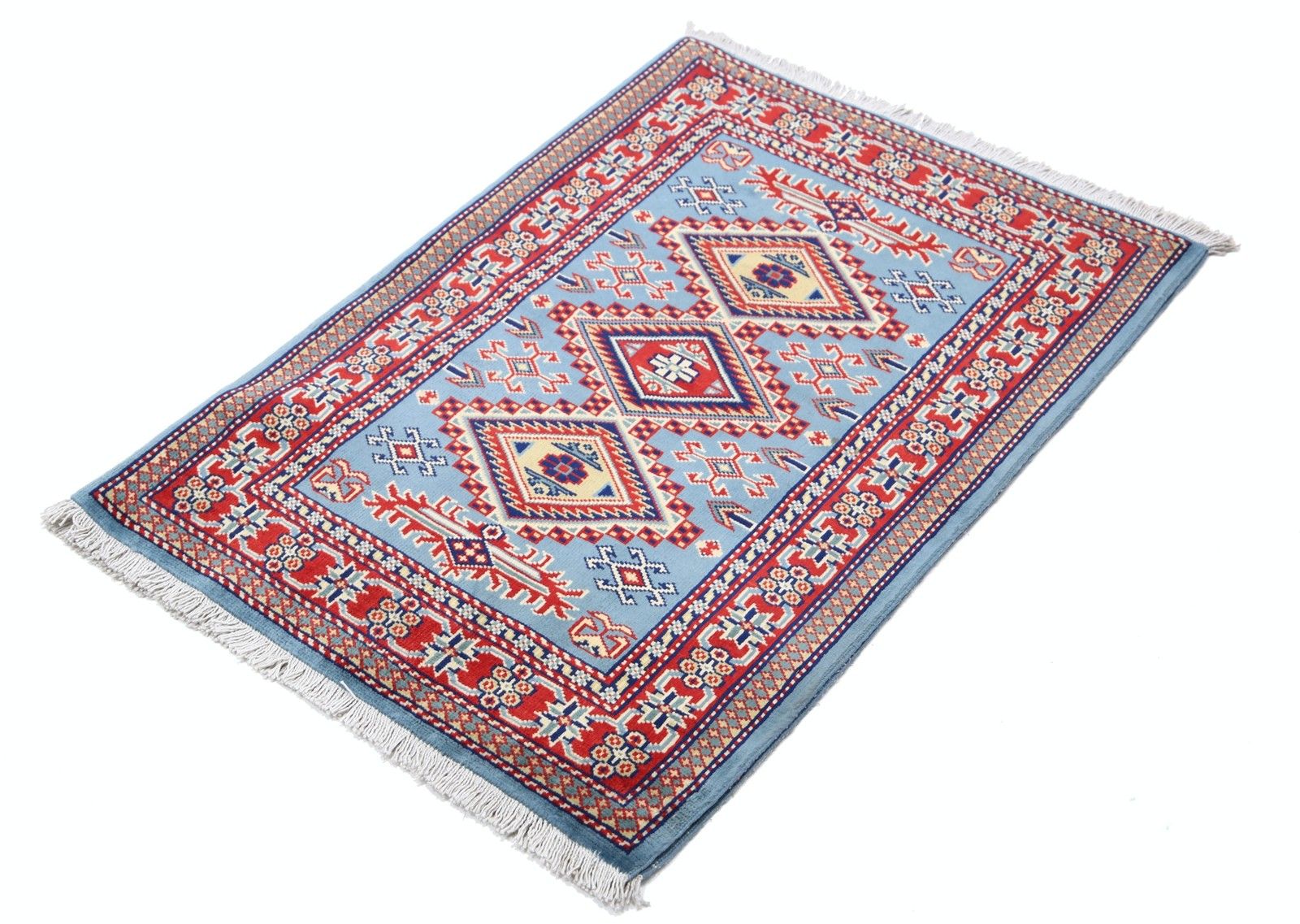 Tapis en laine fait main, bleu clair, rouge et ivoire, 2 x 3 pi - médaillon géométrique photo for sale