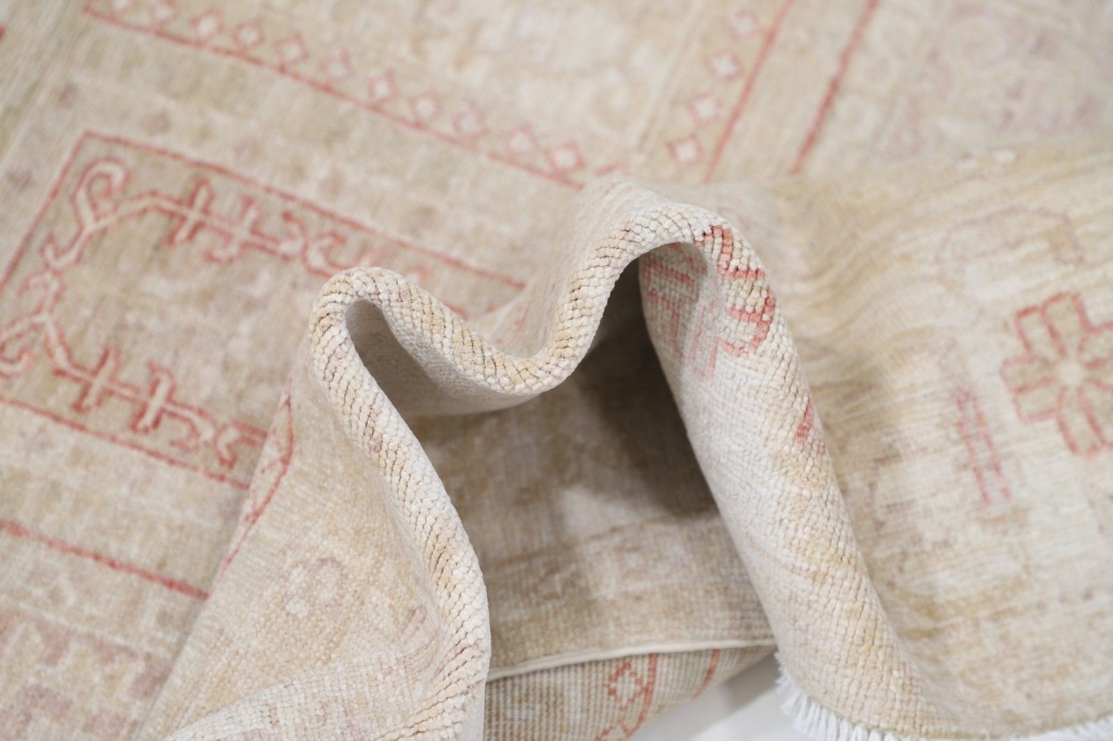 4.2x6.2 Ft Hand Knotted Beige, Red Wool Area Rug. Soft Geometric Panel Patterned photo vinterior