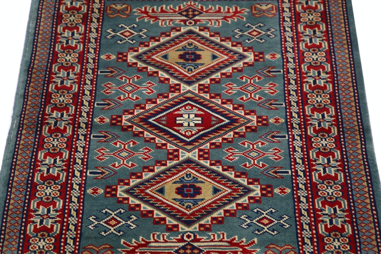 Handgemaakt wollen vloerkleed in groen, rood en ivoor met geometrisch medaillonmotief, 2x3 ft photo 349.0