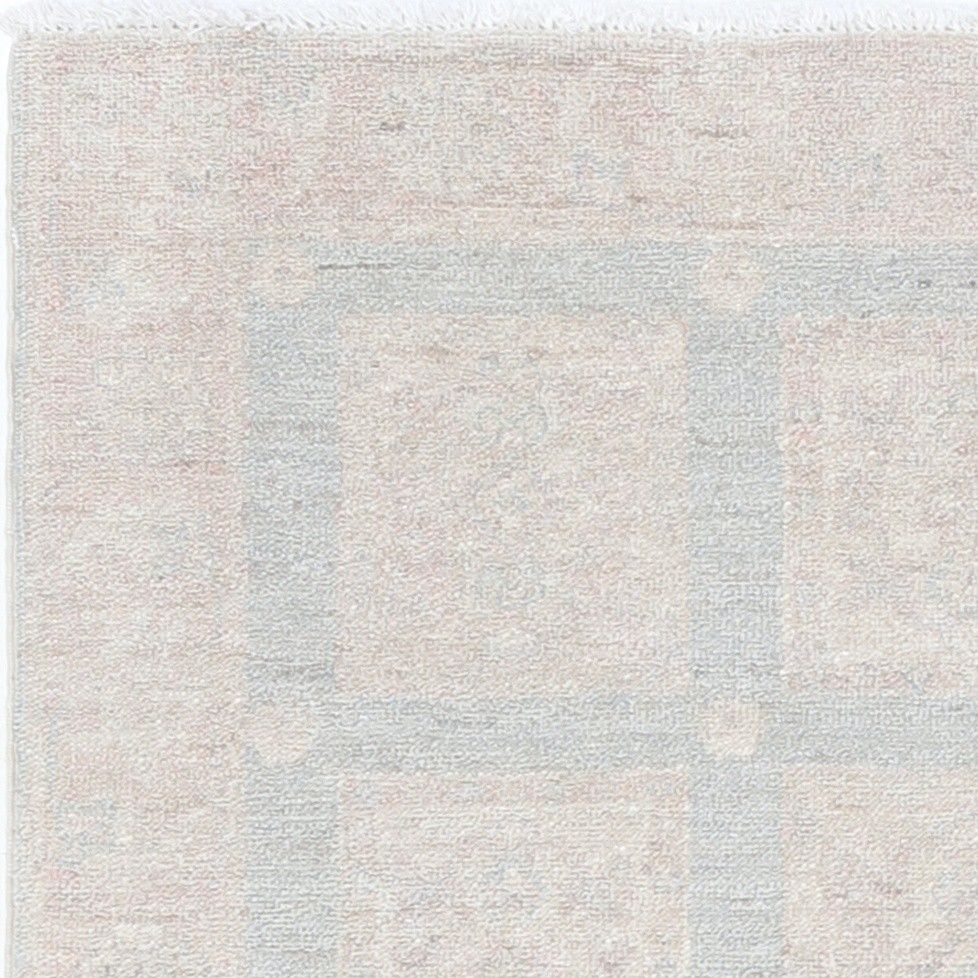 2x3 Ft Handgeknoopt Wollen Vloerkleed in Ivoor, Lichtblauw en Blush met Geometrisch Dessin photo vinterior