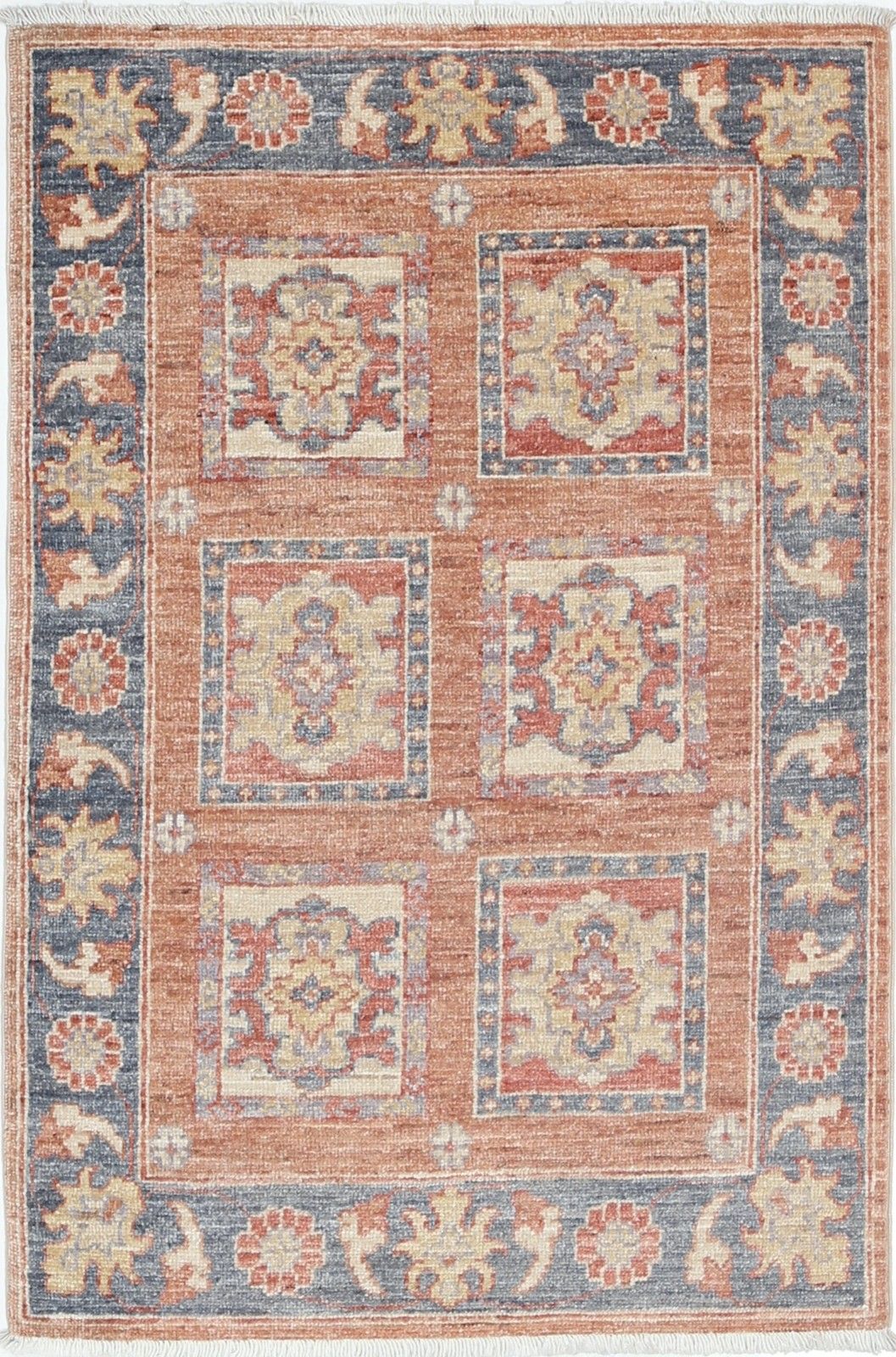 2x3 Ft Hand Knotted Red, Blue, Ivory Area Rug. Geometric Panel Design Accent Rug