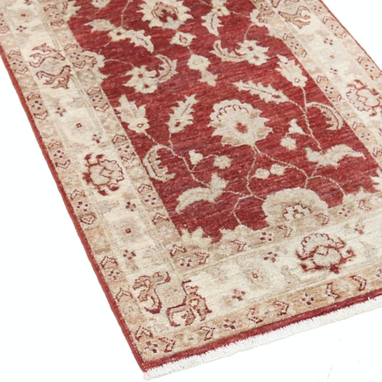 2,6 x 15 ft handgeknoopt rood-beige lang loperkleed. Oushak bloemmotief corridorkleed photo vinterior