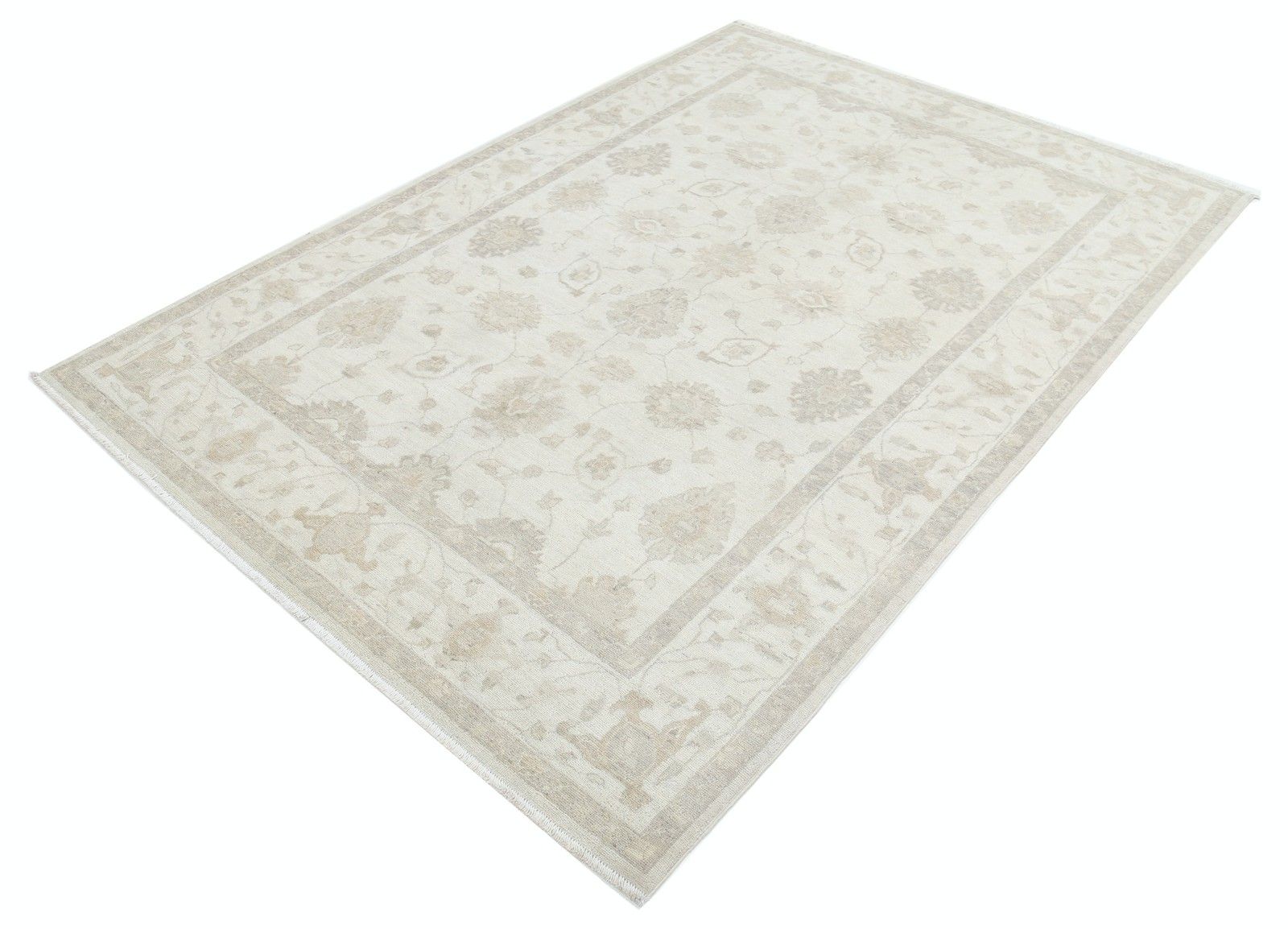 5.4x7.8 Ft Hand Knotted Beige Wool Oushak Area Rug With All Over Floral Design photo for sale