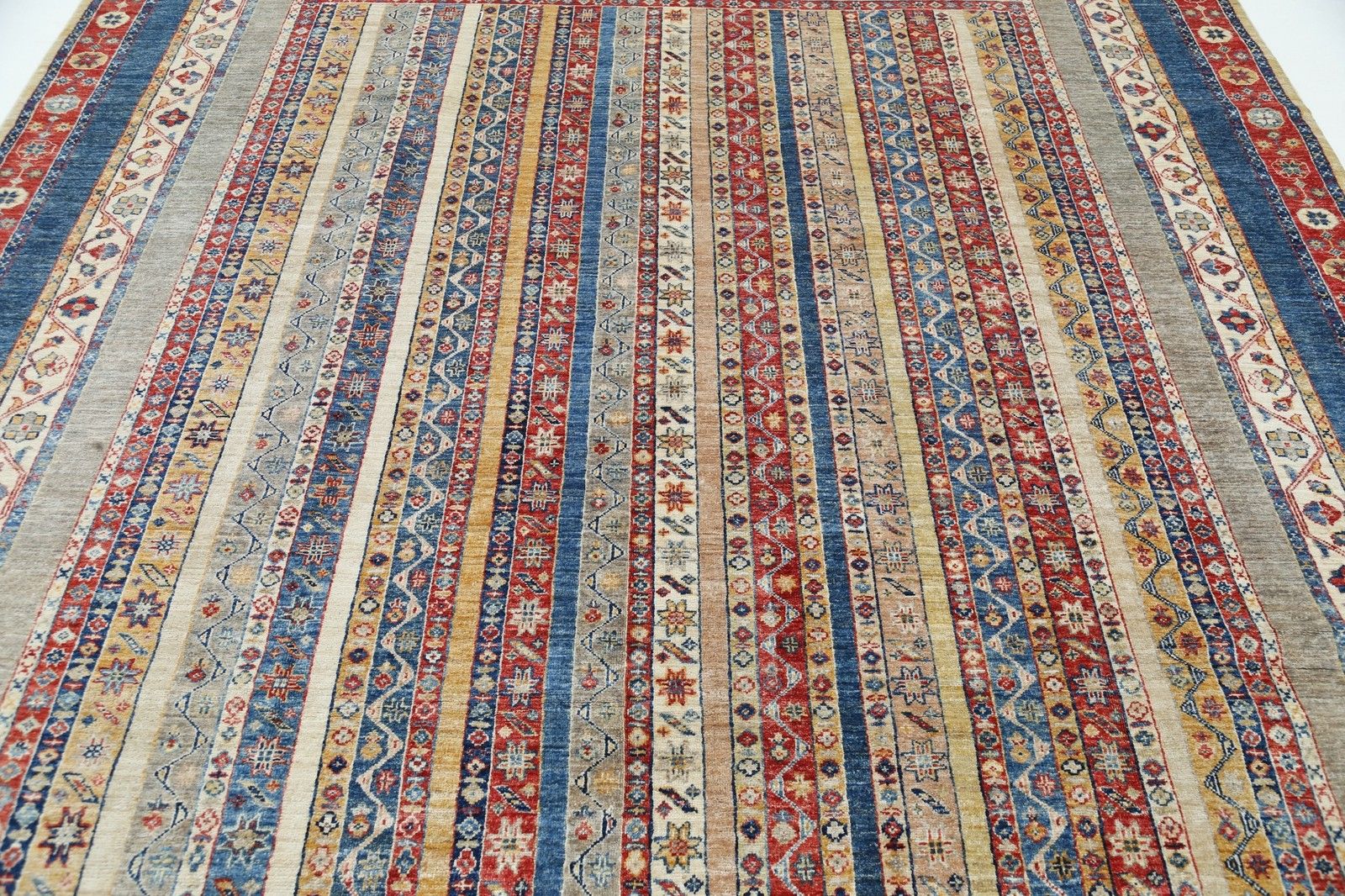 8x9.7 Ft Colorful Hand Knotted Striped Pattern Red, Navy Blue And Beige Area Rug photo 3908.0