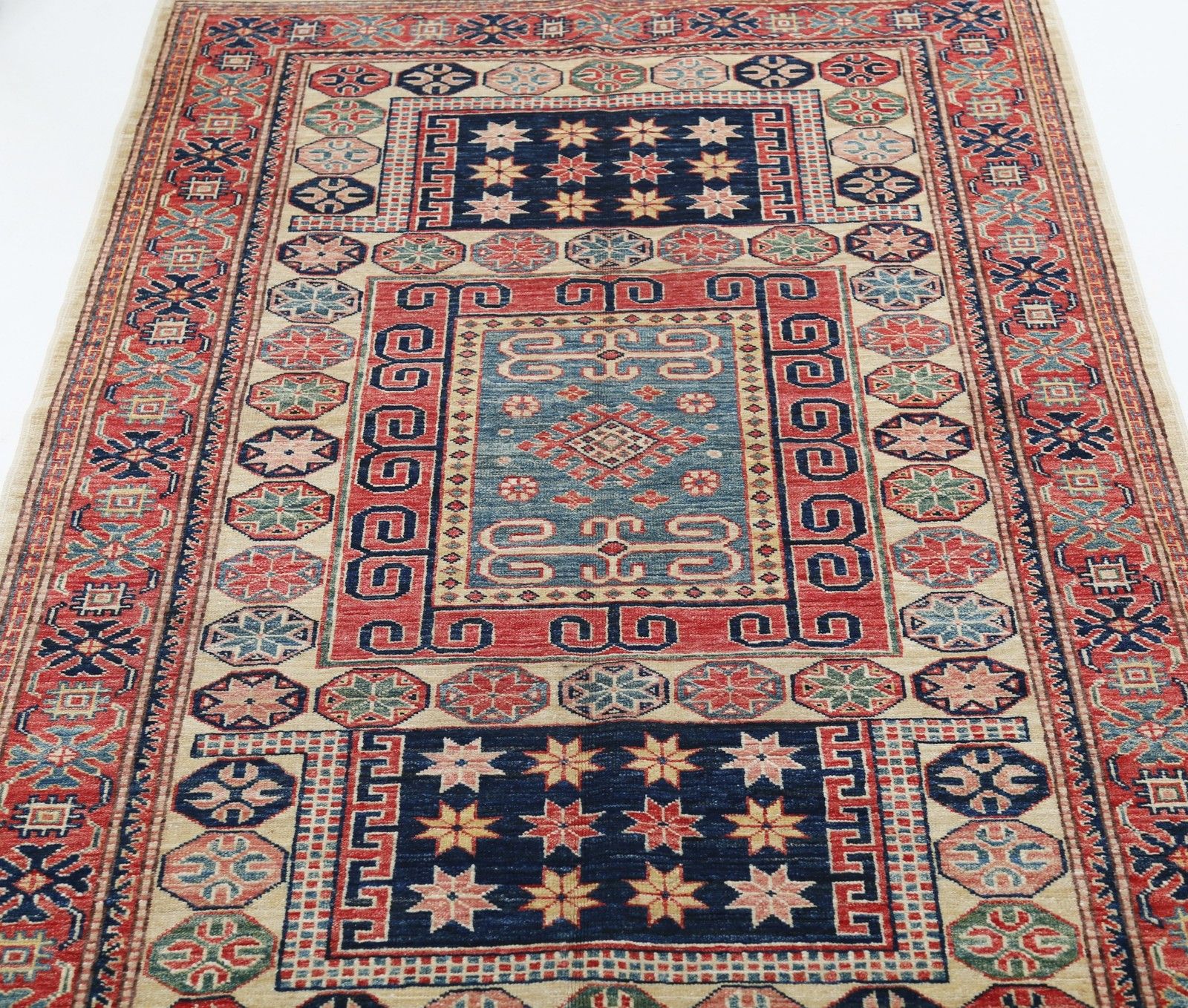 Tapis en laine noué à la main, rouge, bleu marine et bleu clair, à motif géométrique, 1,25 x 1,80 m photo 1202.0