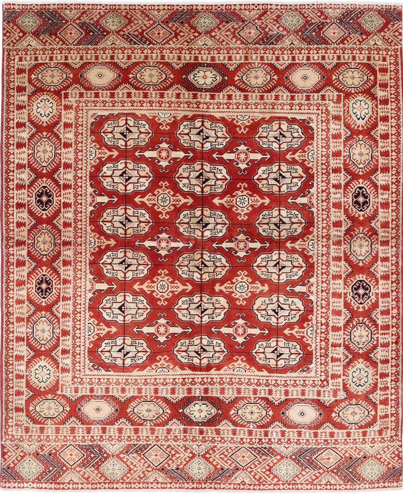 Tapis en laine noué à la main, rouge et ivoire, 2,04 x 2,49 m - style tribal traditionnel