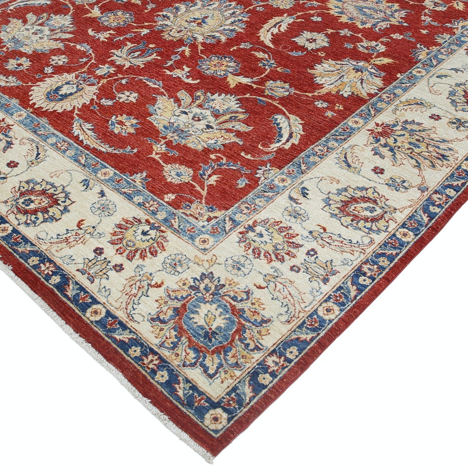 Grand tapis noué à la main à motifs floraux, 2,67 x 3,64 m, fond rouge et bordure beige. photo buy