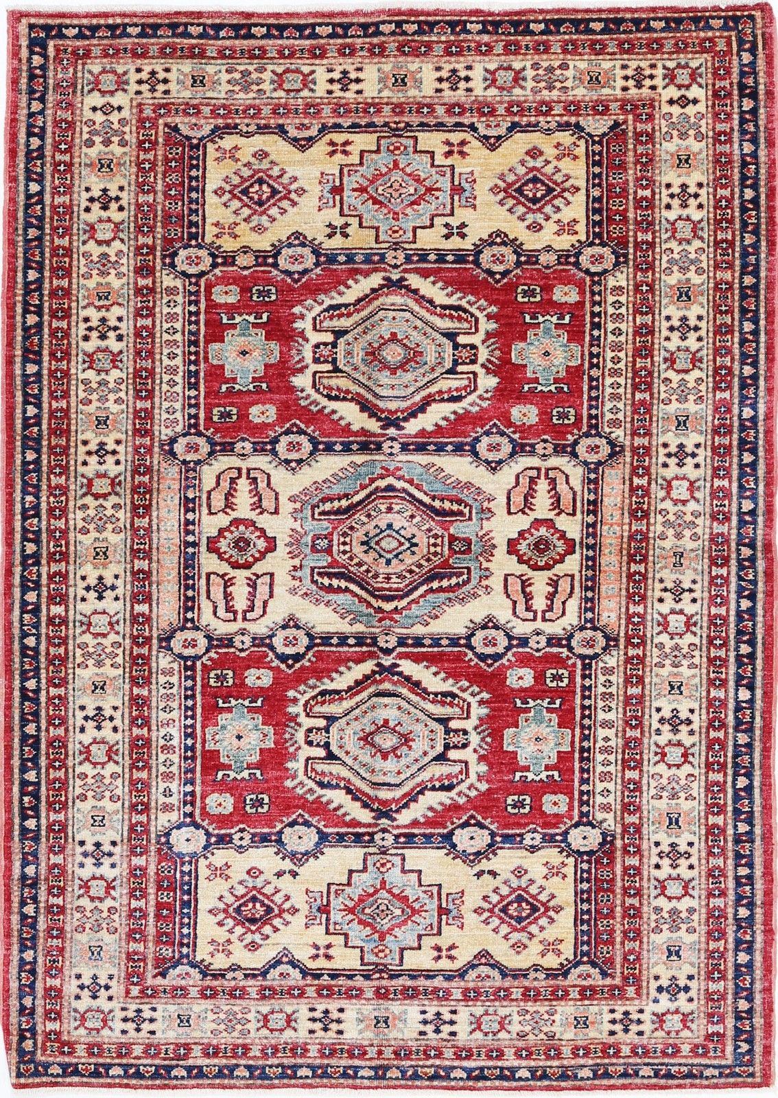 4x5.6 Ft Handmade Red, Navy Blue, Ivory Wool Rug With Geometric Medallion Design
