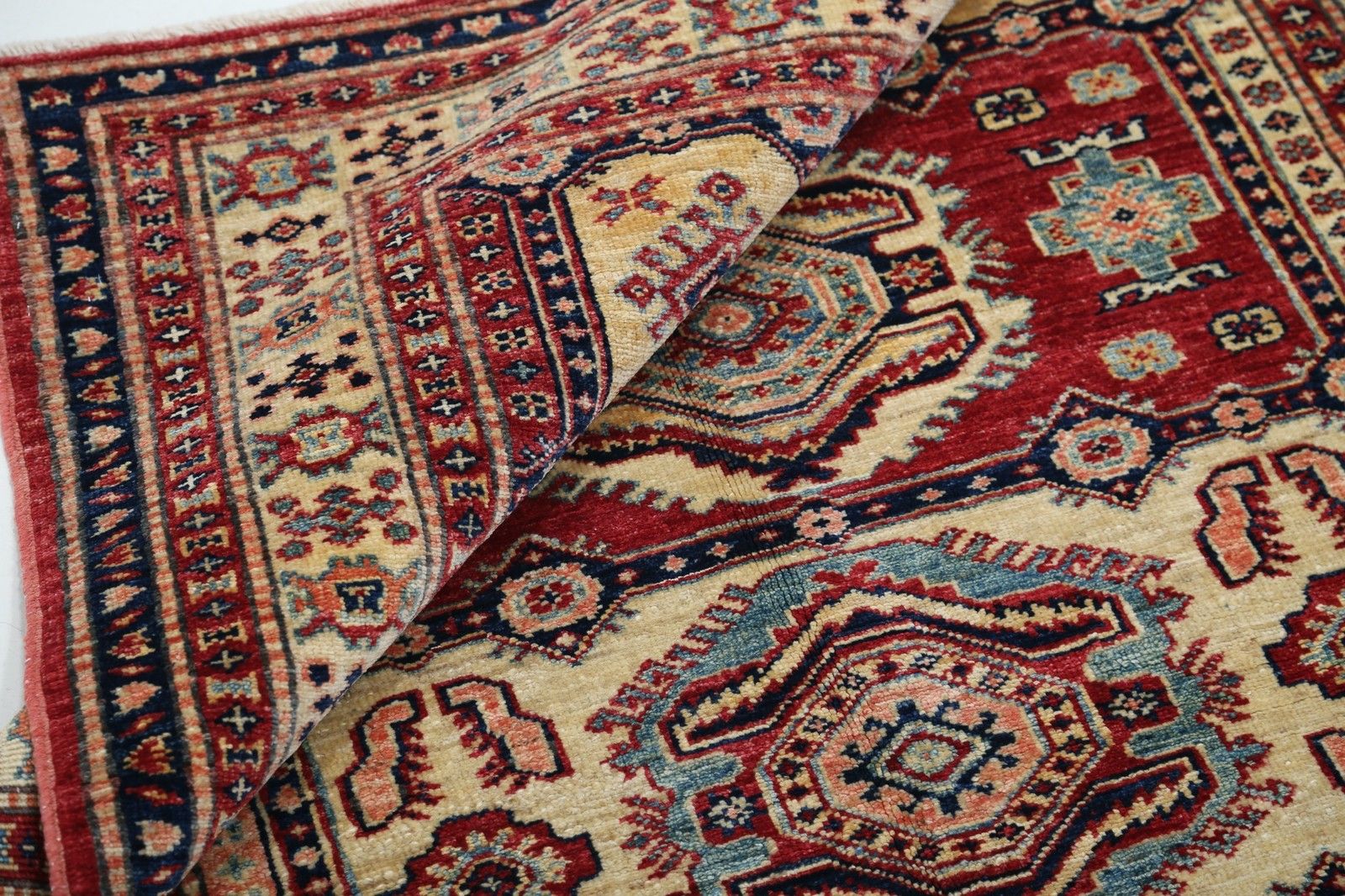 4x5.6 Ft Handmade Red, Navy Blue, Ivory Wool Rug With Geometric Medallion Design photo vinterior