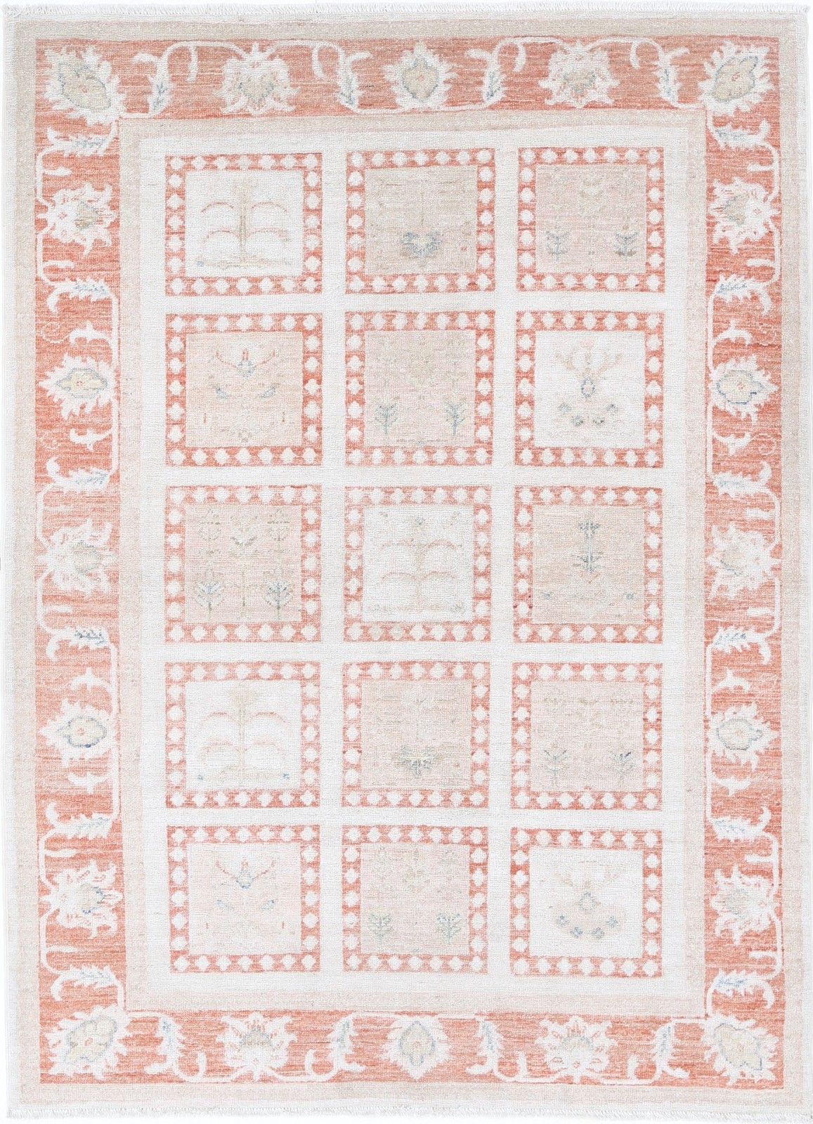 Tapis noué main ivoire, pêche et bleu clair à motif floral géométrique, 120 x 166 cm
