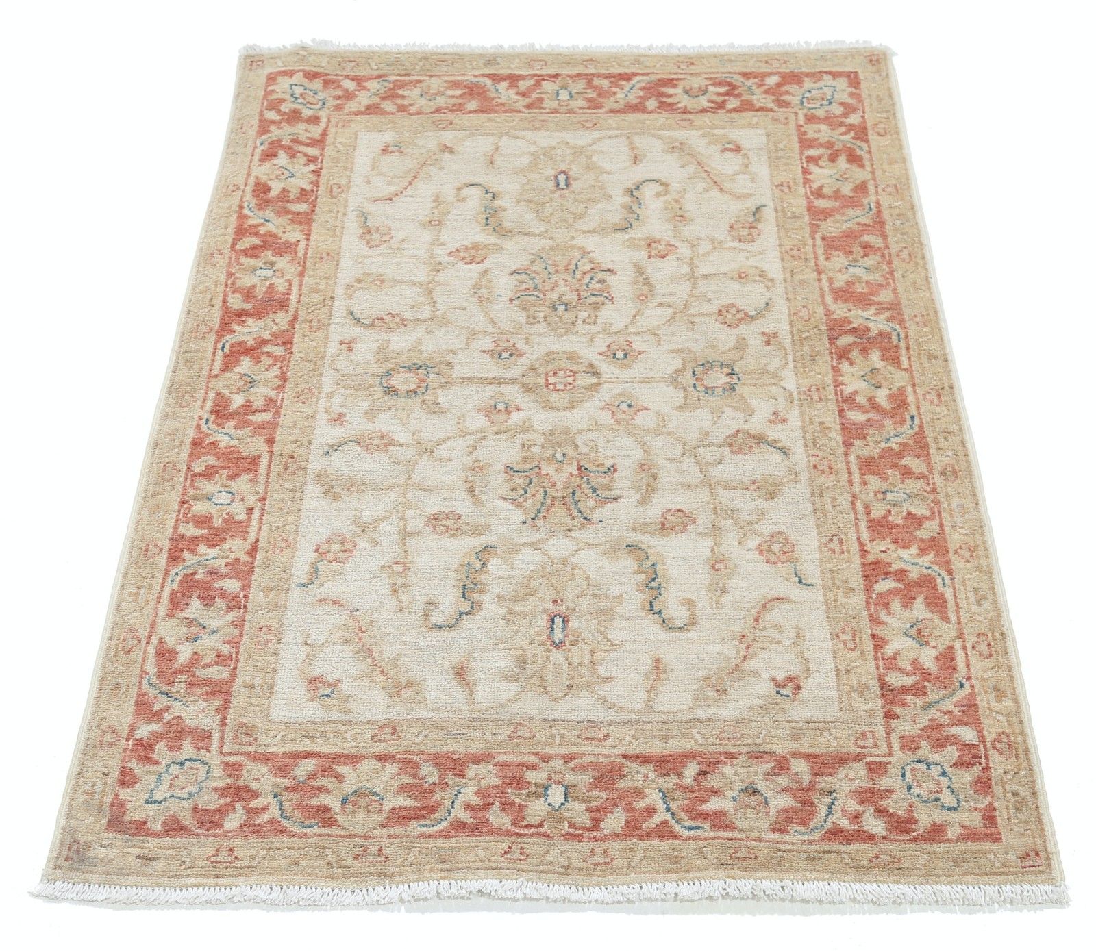 Tapis d'appoint noué à la main beige à bordure rouge, motif floral en laine, 84 x 120 cm photo Textiles