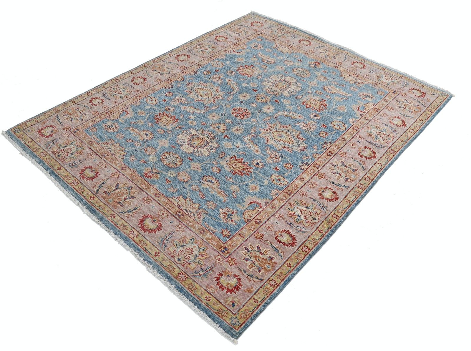5x6.2 Ft Handmade Floral Oushak Rug With Blue Field And Pink Border. 100% Wool photo furniture