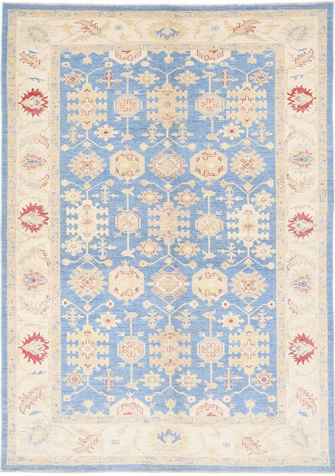 5.5x7.8 Ft Hand Knotted Floral Oushak Area Rug In Blue And Beige. 100% Wool
