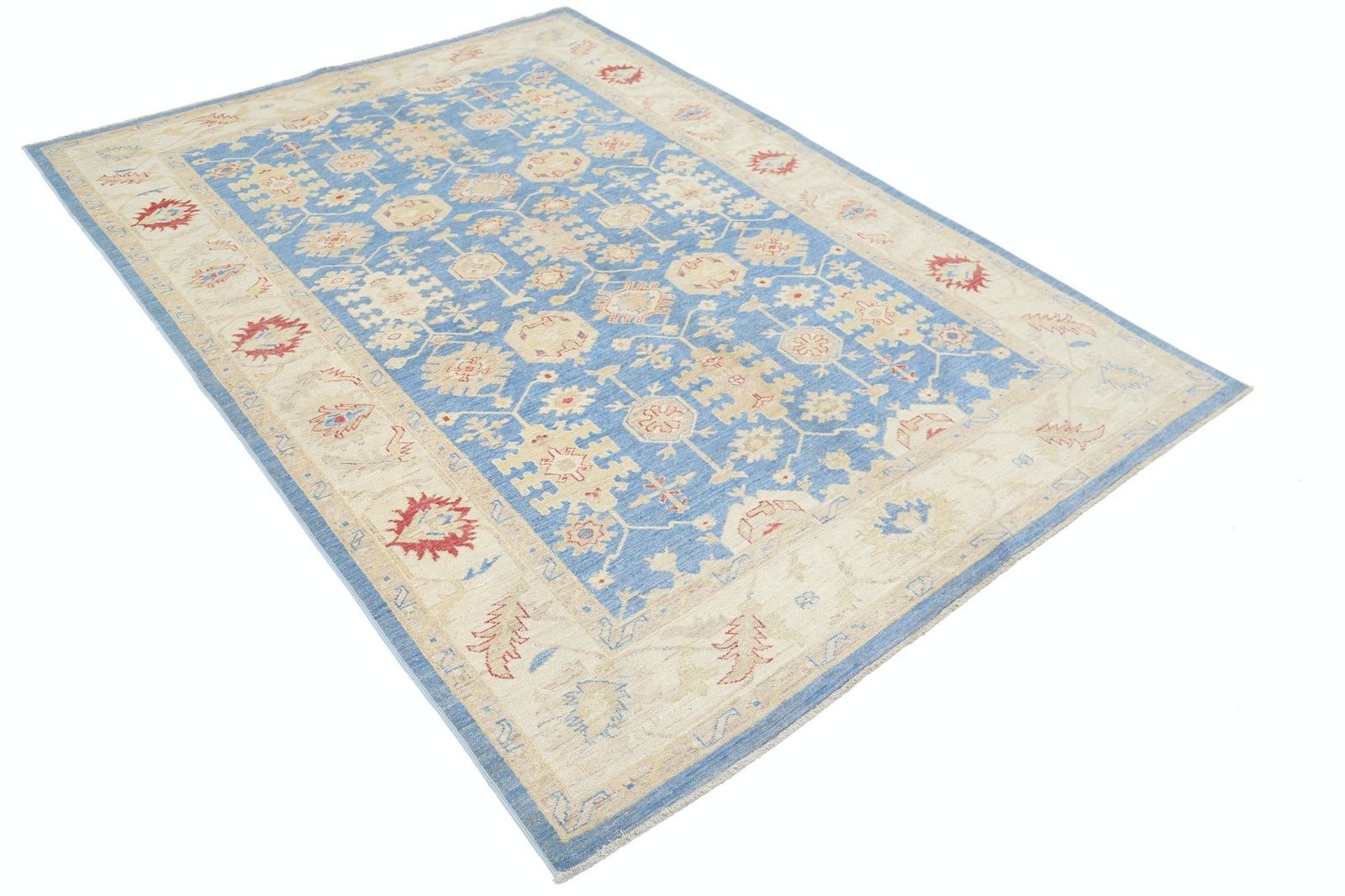 5.5x7.8 Ft Hand Knotted Floral Oushak Area Rug In Blue And Beige. 100% Wool photo furniture
