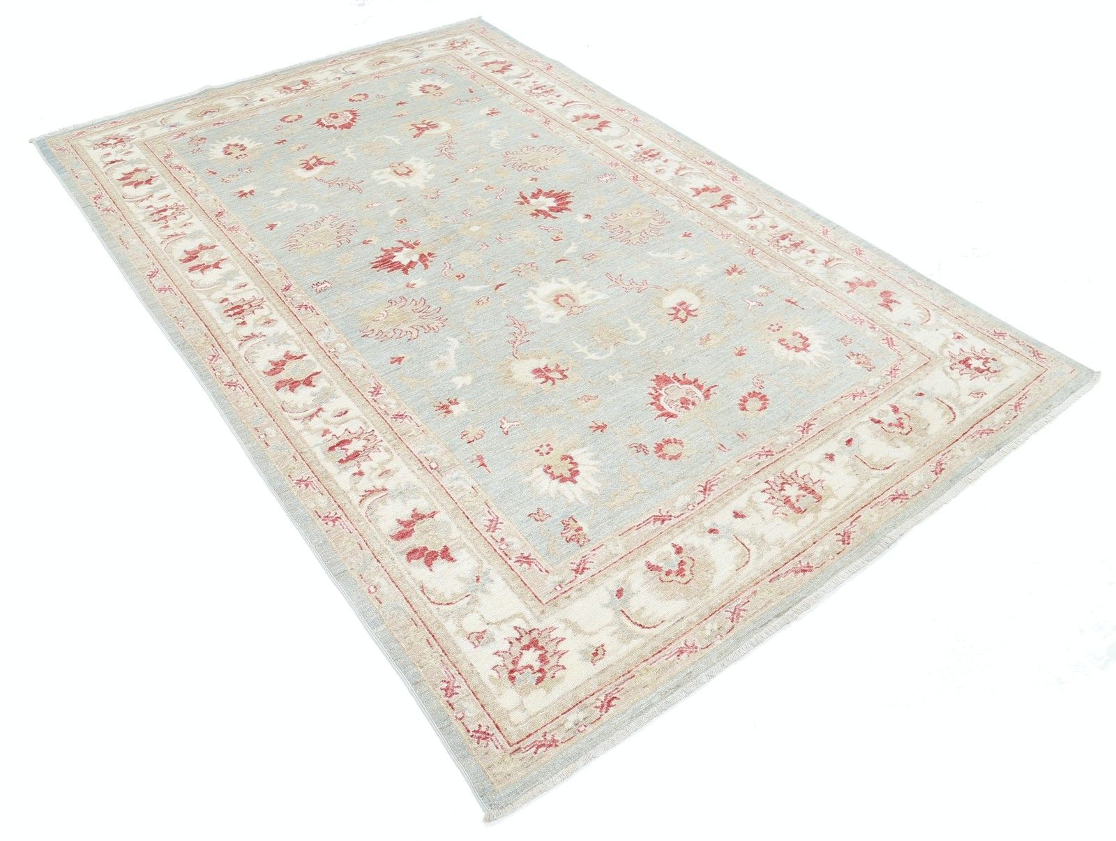 Tapis en laine noué à la main, bleu clair et beige, à motifs floraux, 1,61 x 2,42 m photo furniture