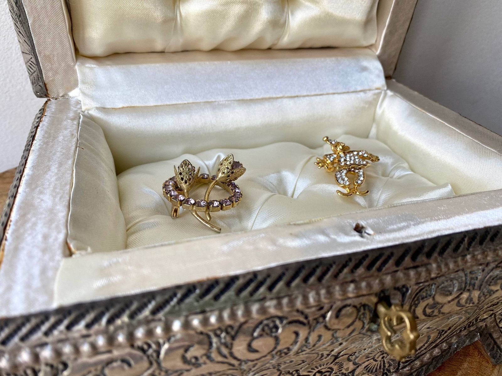 Vintage French Wood And Metal Jewelry Box, White Tufted Silk, Trinket Box photo for sale