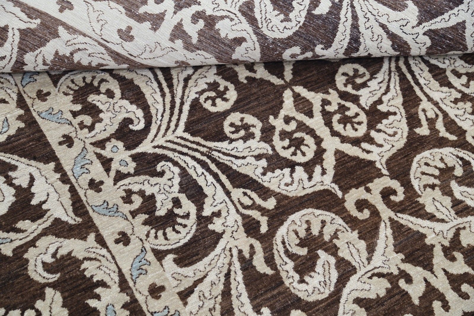 8.8x11.5 Ft Handknotted Brown And Ivory Rug. Turkish Floral Scroll Design Carpet photo 5862.0