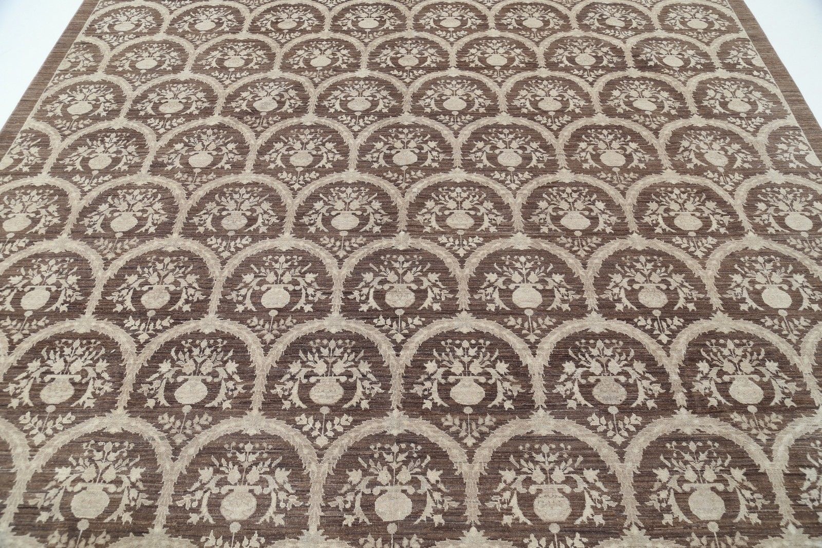 9x12 Ft Hand Knotted Brown And Ivory Wool Rug. Botanical Repeating Design Carpet photo 6643.0