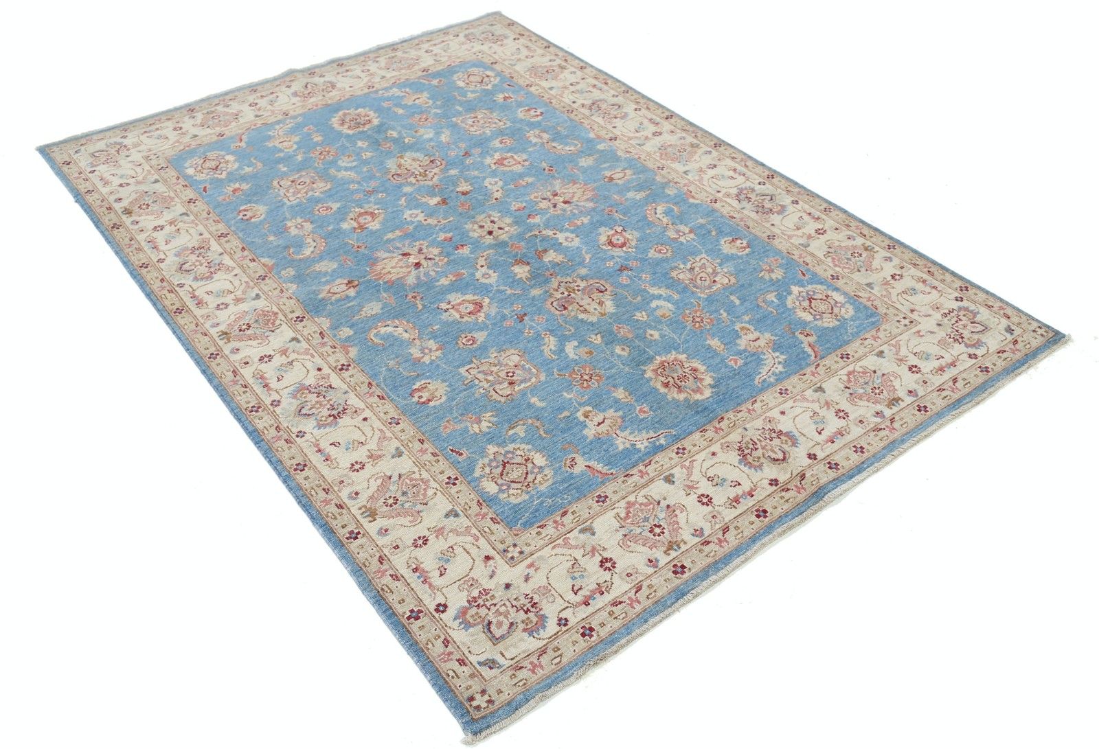 5x7 Ft Handknotted Floral Oushak Rug With Blue Field And Beige Border. 100% Wool photo furniture