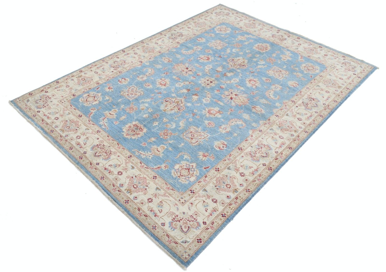 5x7 Ft Handknotted Floral Oushak Rug With Blue Field And Beige Border. 100% Wool photo for sale