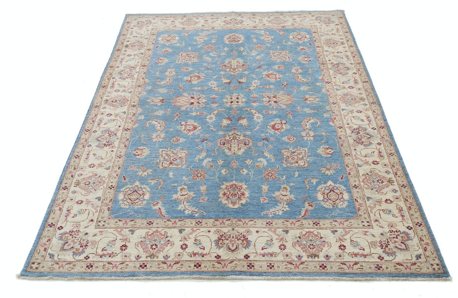 5x7 Ft Handknotted Floral Oushak Rug With Blue Field And Beige Border. 100% Wool photo Textiles