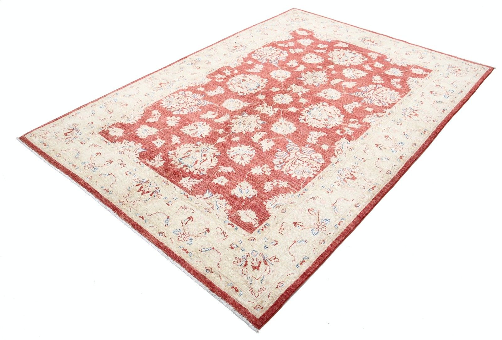 5,6x8 Ft Traditioneel Handgeknoopt Bloemen Vloerkleed Met Rood Middenveld En Beige Rand photo for sale