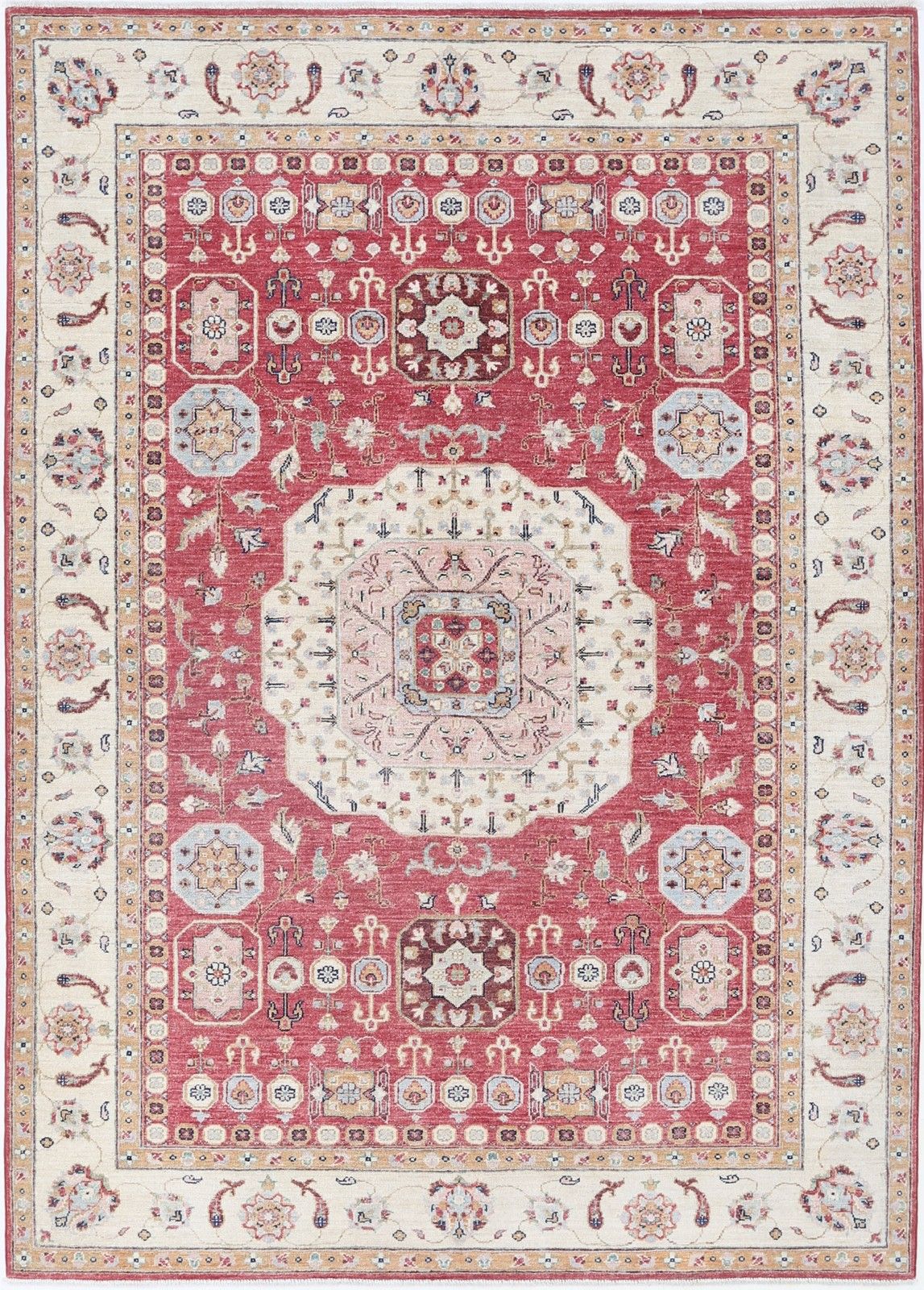 5.6x8 Ft Handmade Red, Ivory And Light Blue Wool Area Rug With Medallion Design