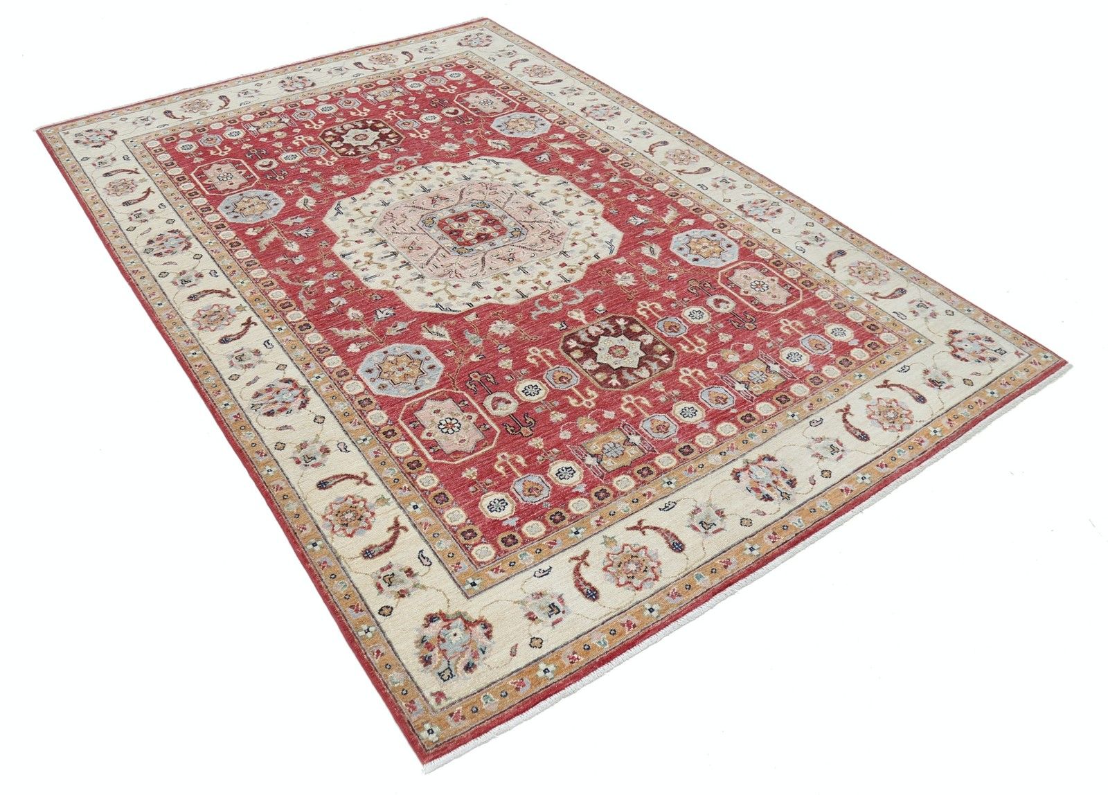 Tapis en laine fait main, rouge, ivoire et bleu clair, motif médaillon, 170 x 240 cm photo furniture