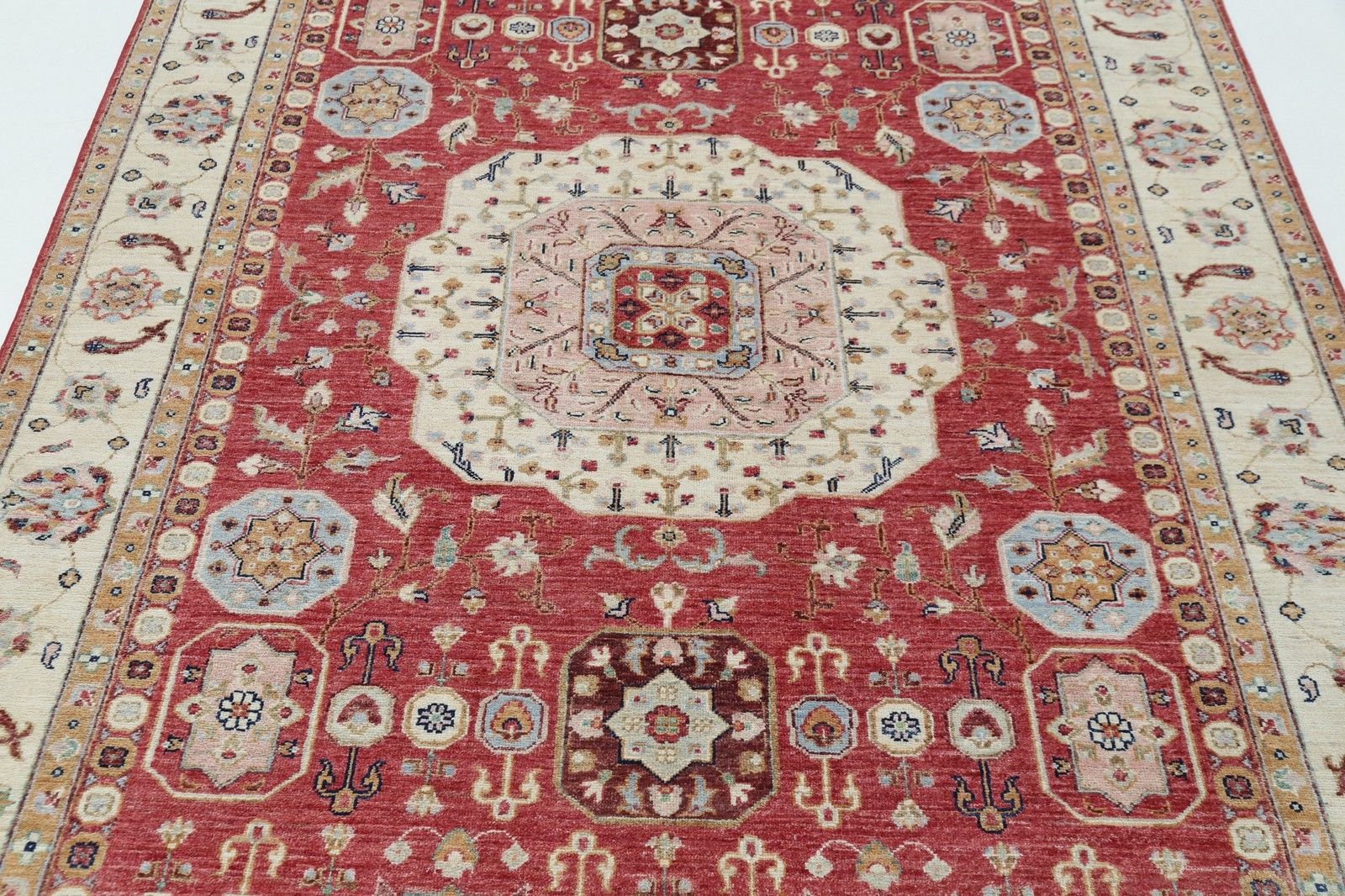 Tapis en laine fait main, rouge, ivoire et bleu clair, motif médaillon, 170 x 240 cm photo 2139.0