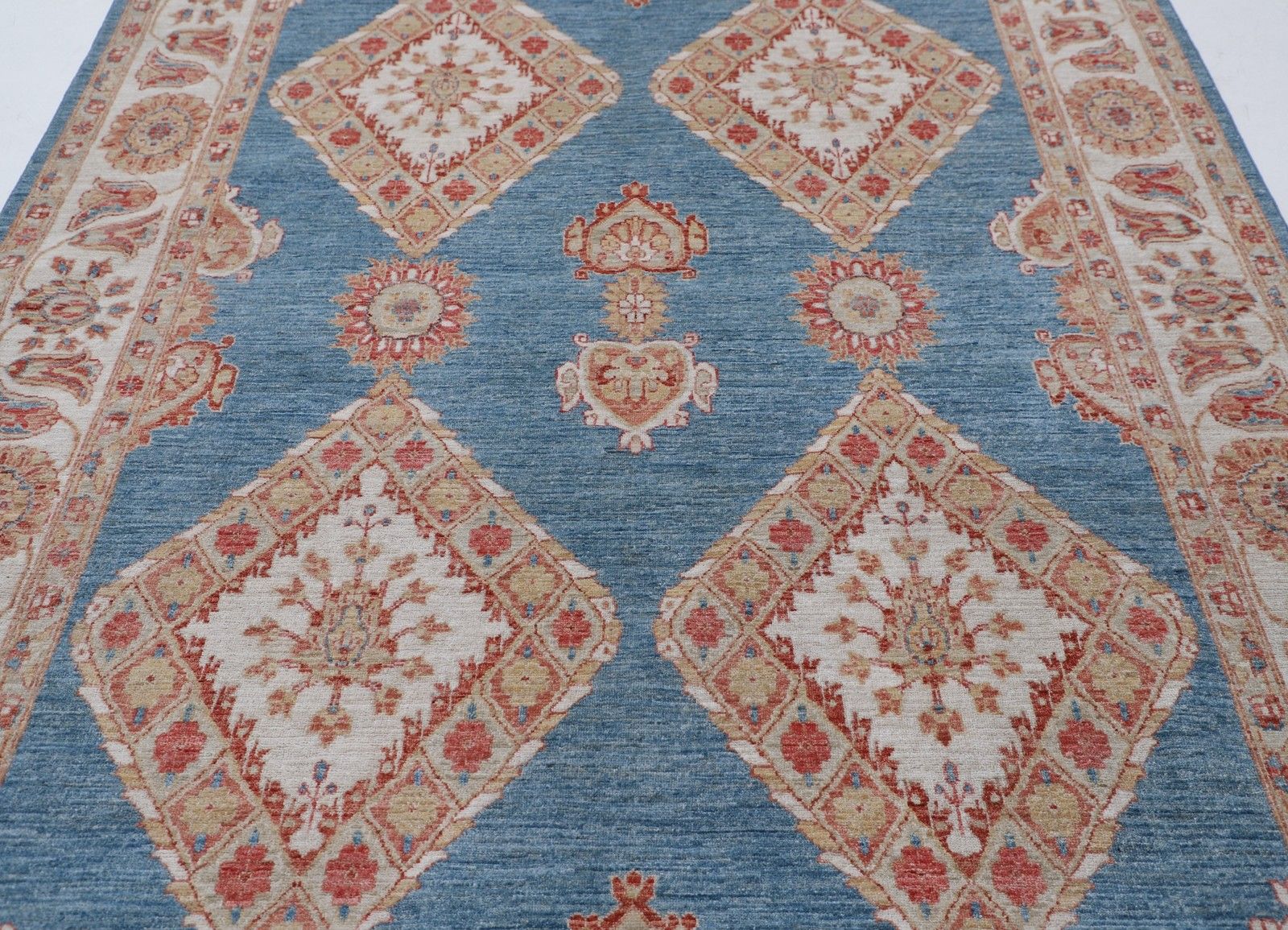 6.6x10.4 Ft Hand Knotted Light Blue, Ivory & Blush Rug. Diamond Geometric Design photo for sale
