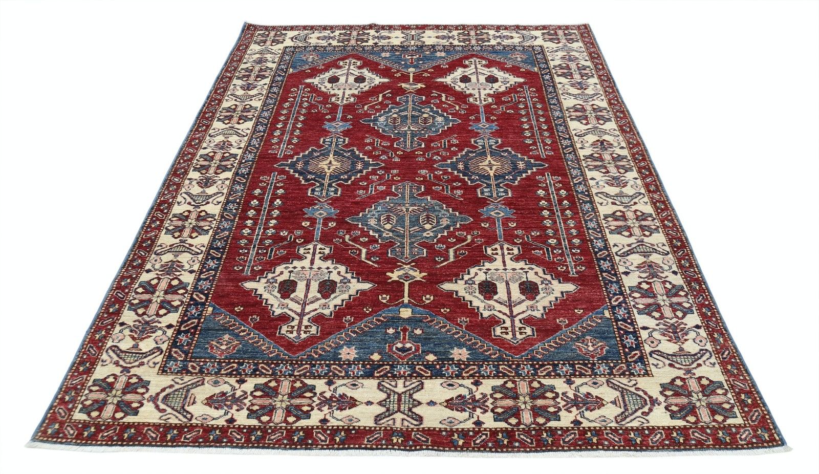 5.8x7.7 Ft Hand Knotted Red, Navy Blue And Ivory Area Rug With Geometric Design photo Textiles