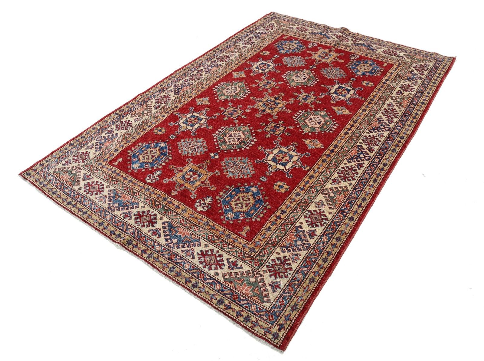 Tapis noué à la main rouge, beige, bleu marine et sauge à motif géométrique, 1,71 x 2,49 m photo for sale
