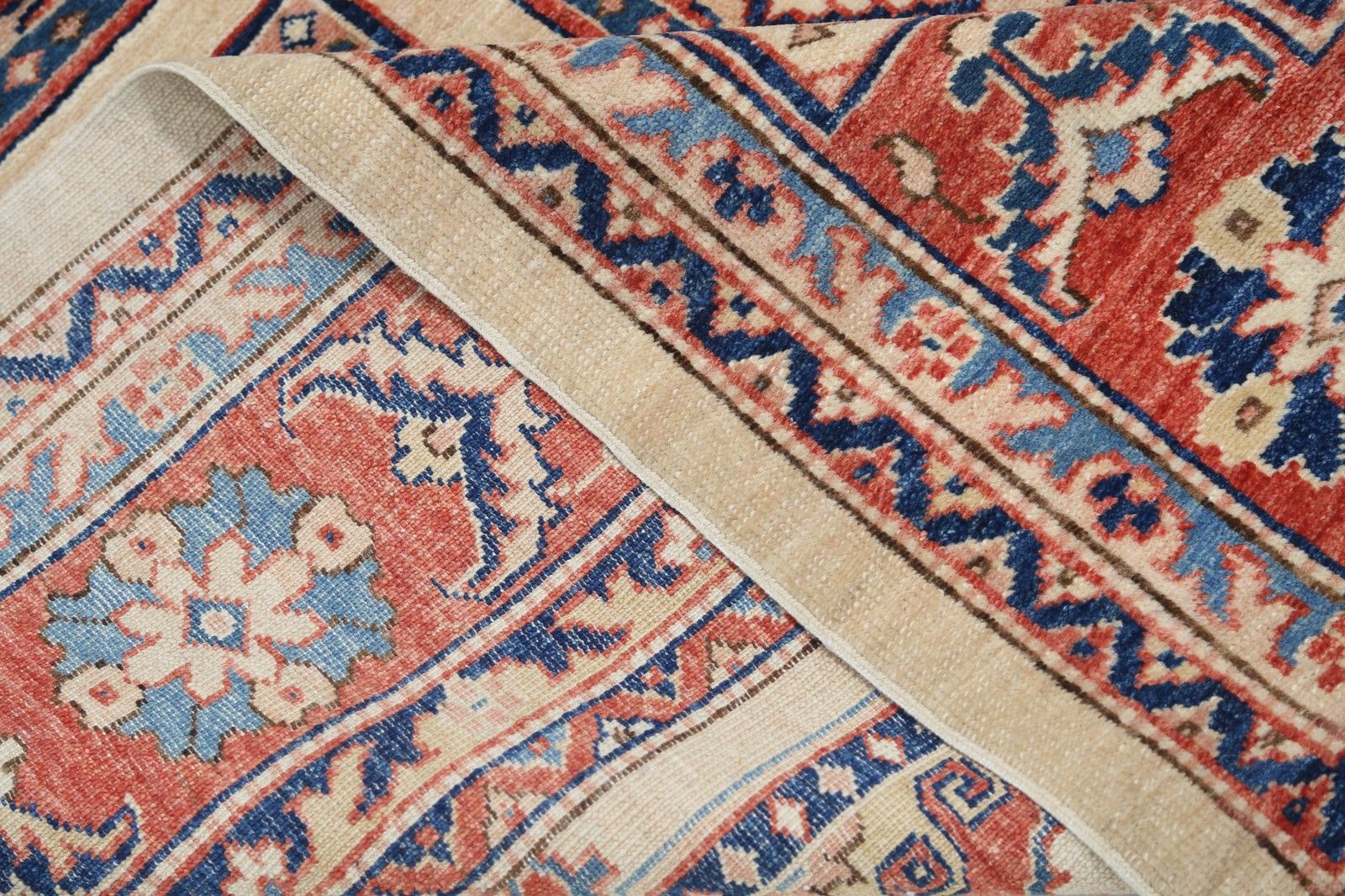 Tapis de sol fait main rouge, bleu clair et ivoire, 2 x 2,4 m, motif géométrique à panneaux photo buy