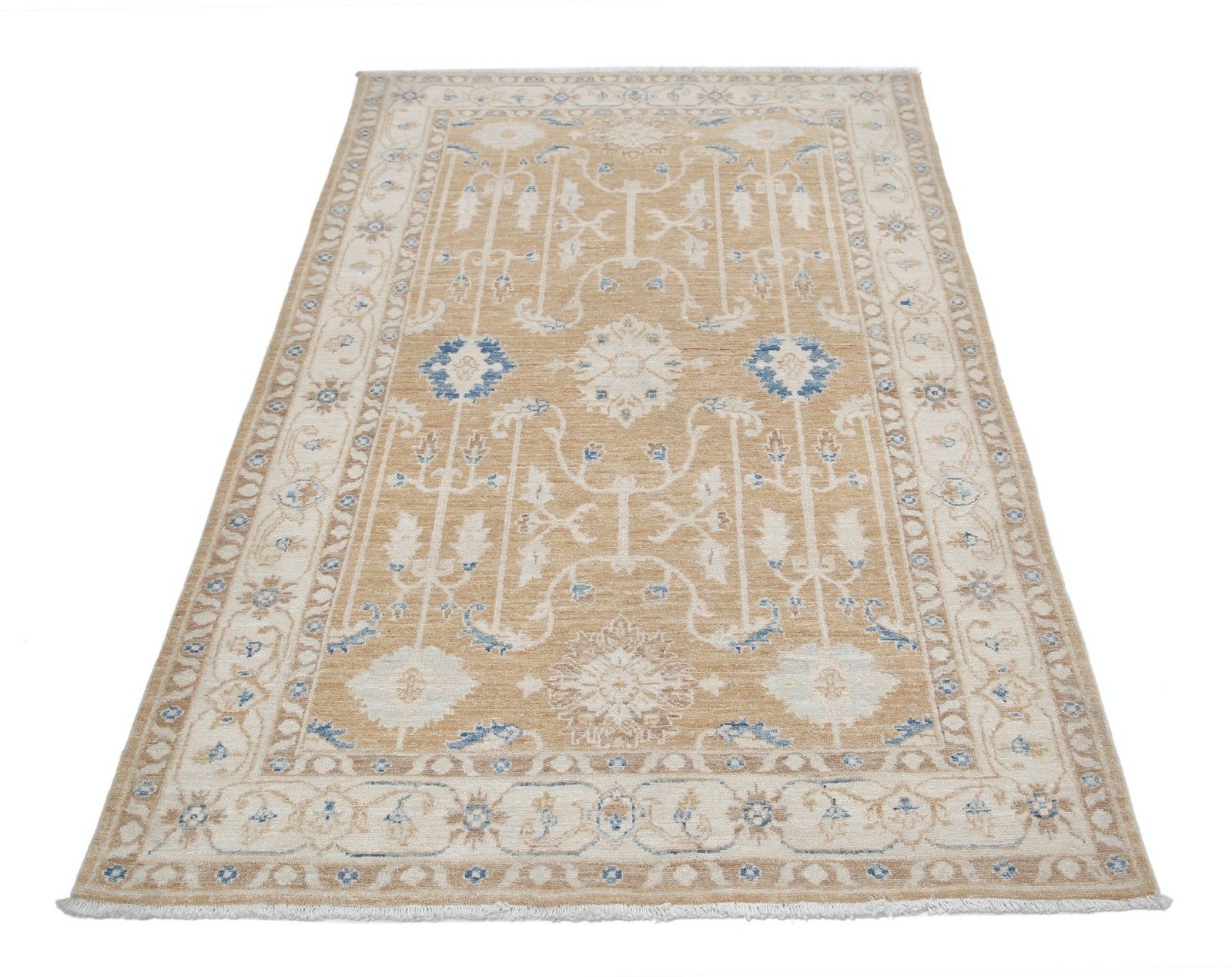3,8x5,8 ft Handgeknoopt Zacht Rood, Beige en Lichtblauw Bloemen Wollen Vloerkleed photo Textiel