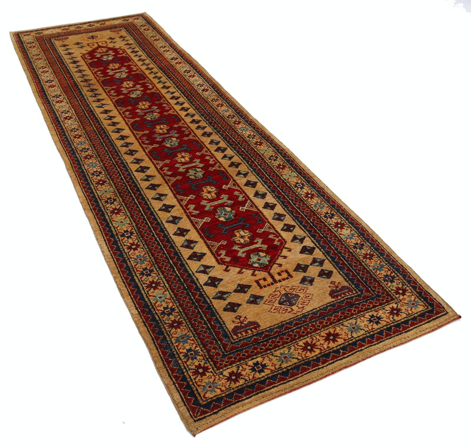 3,2 x 9,7 ft handgeknoopt loper, rood, marineblauw en beige. Tribale gangloper photo furniture