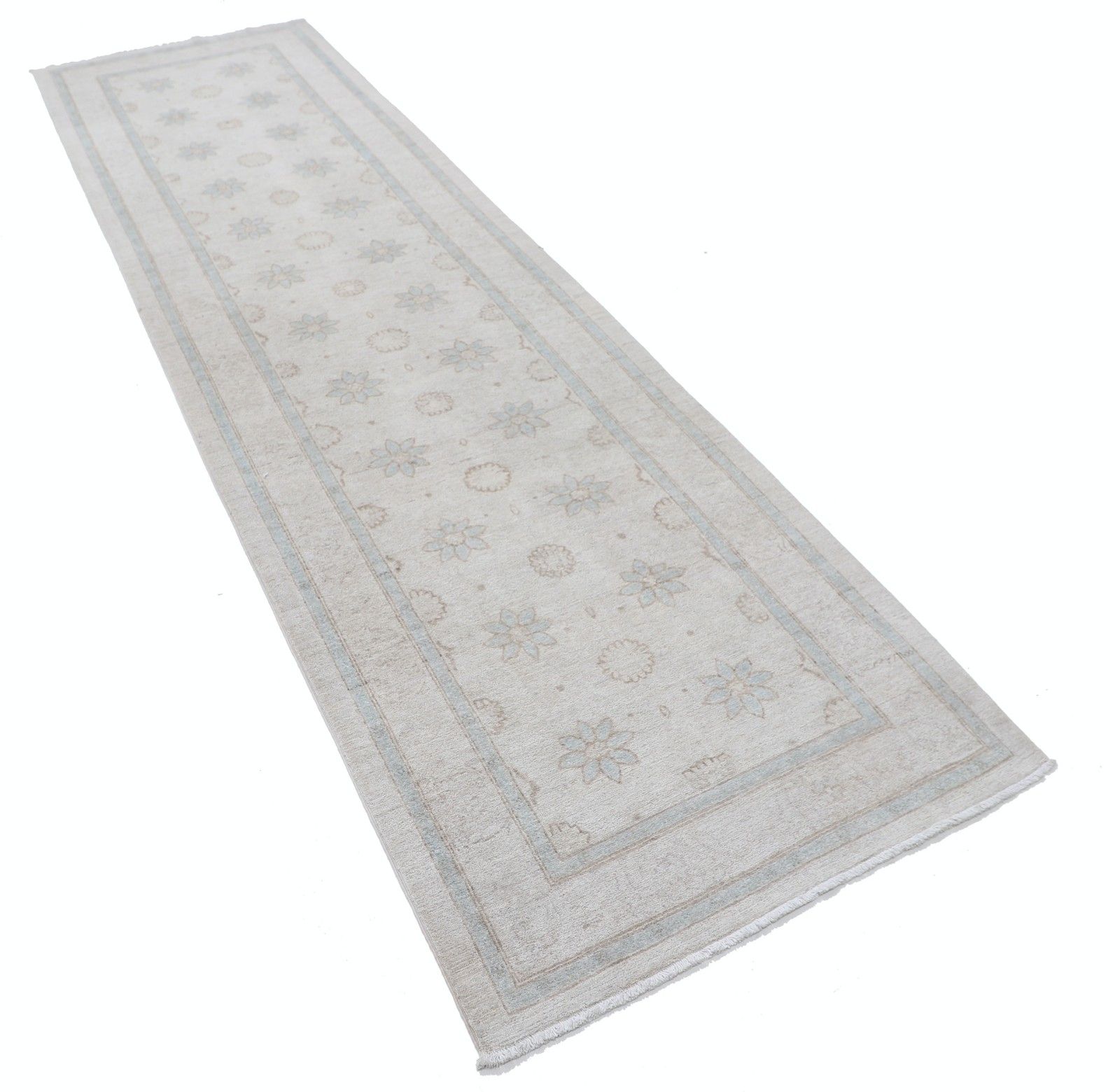 3x10,6 ft handgeknoopt beige wollen loper. Bloemen loper voor hal en gang photo furniture