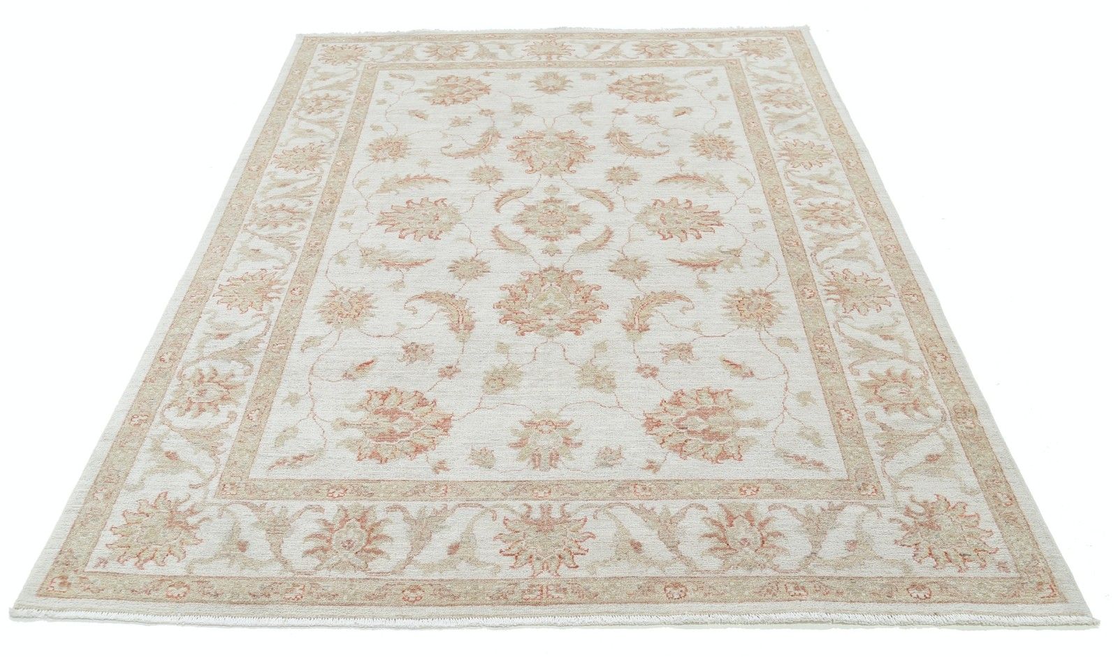 Tapis Oushak en laine beige noué à la main, motif floral, 170 x 235 cm photo Textiles