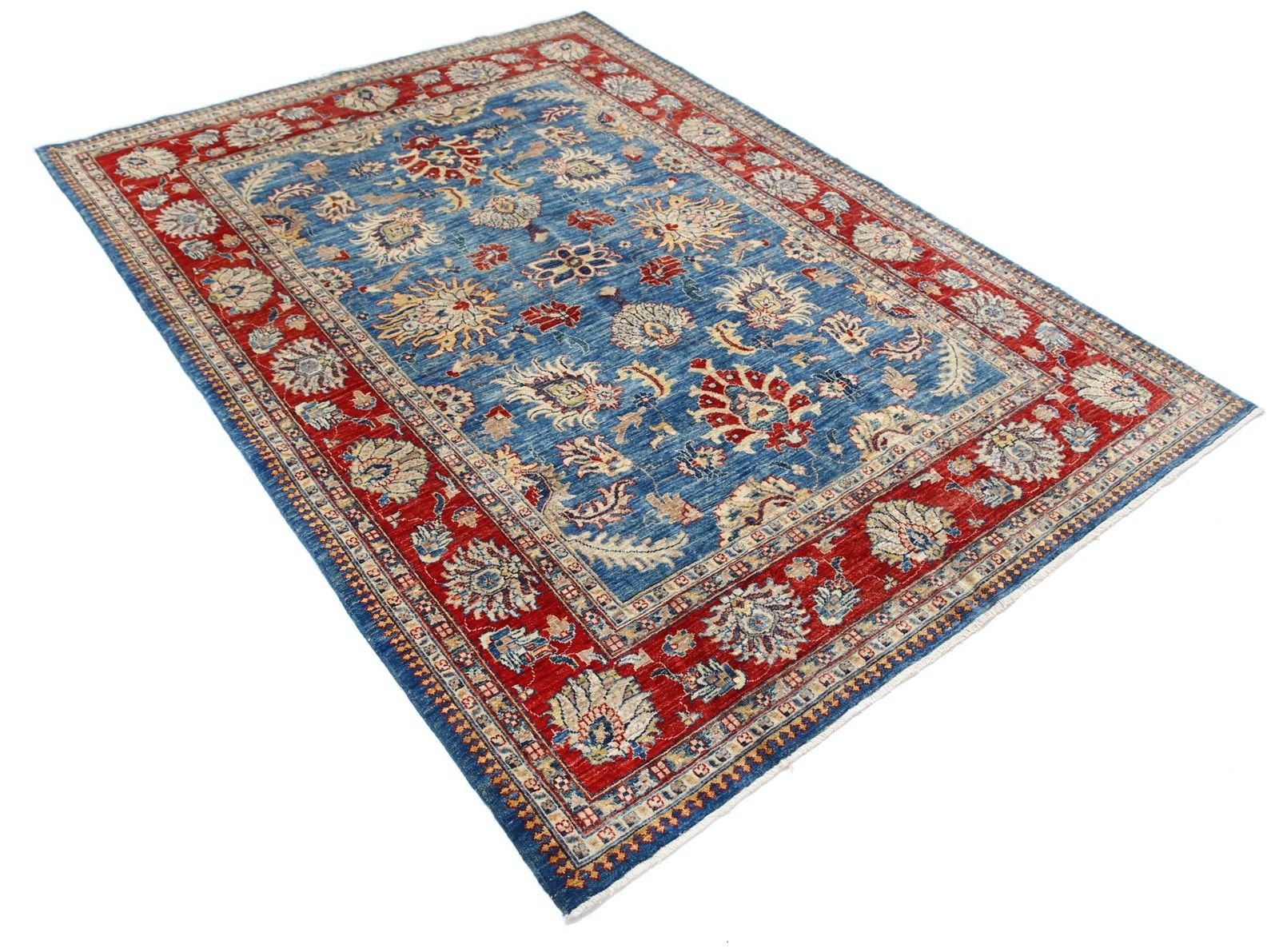 Tapis en laine noué à la main, bleu clair, rouge et ivoire, à motif floral, 170 x 230 cm photo furniture