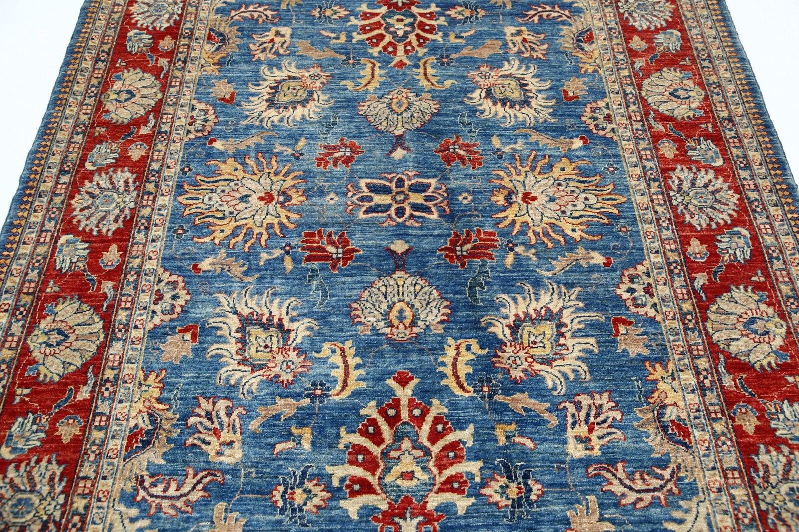 Tapis en laine noué à la main, bleu clair, rouge et ivoire, à motif floral, 170 x 230 cm photo 2042.0