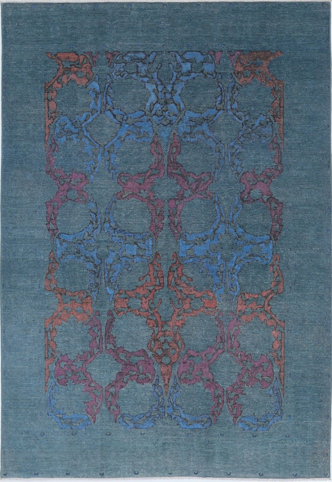 Handgeknoopt blauw vloerkleed 183 x 265 cm. Tapijt met ornamenteel patroon. 100% wol