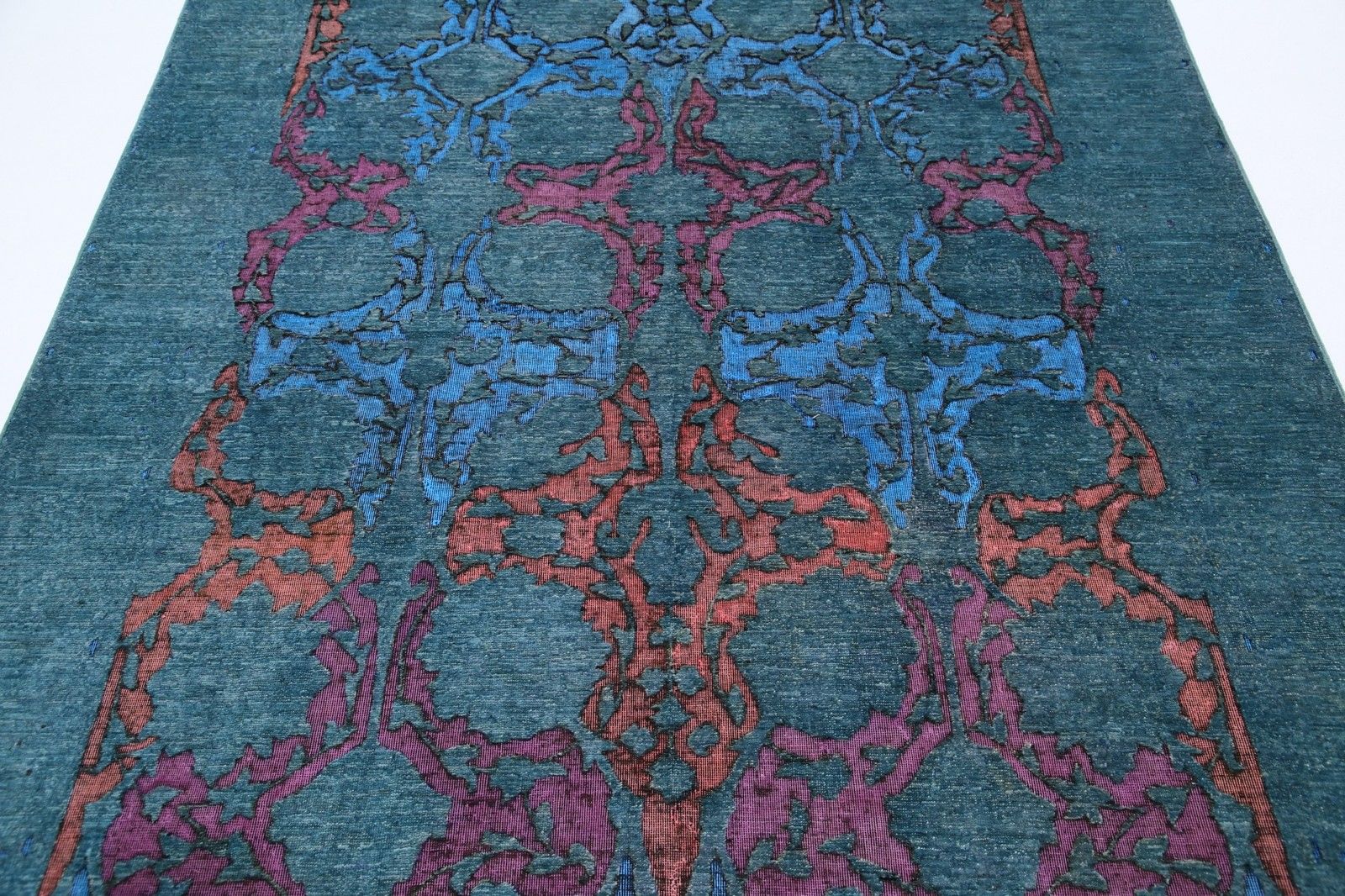 Handgeknoopt blauw vloerkleed 183 x 265 cm. Tapijt met ornamenteel patroon. 100% wol photo 3135.0