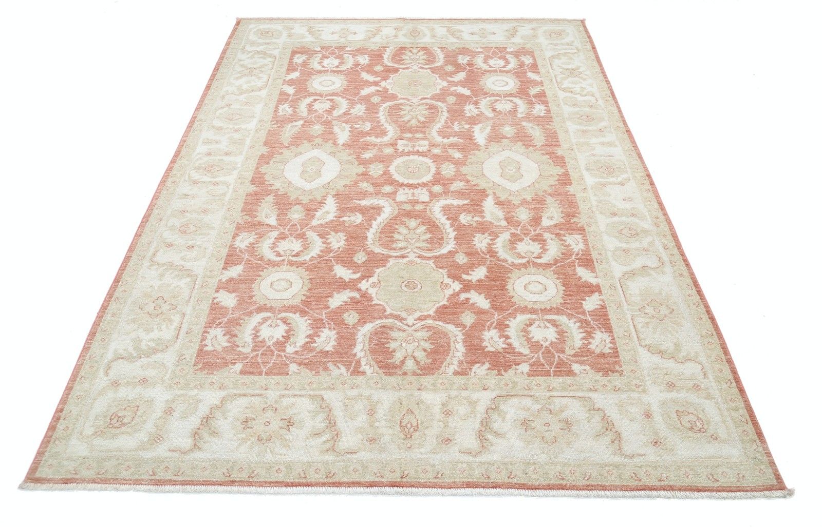 5.6x7.8 Ft Hand Knotted Floral Oushak Area Rug With Red Field And Beige Border photo Textiles