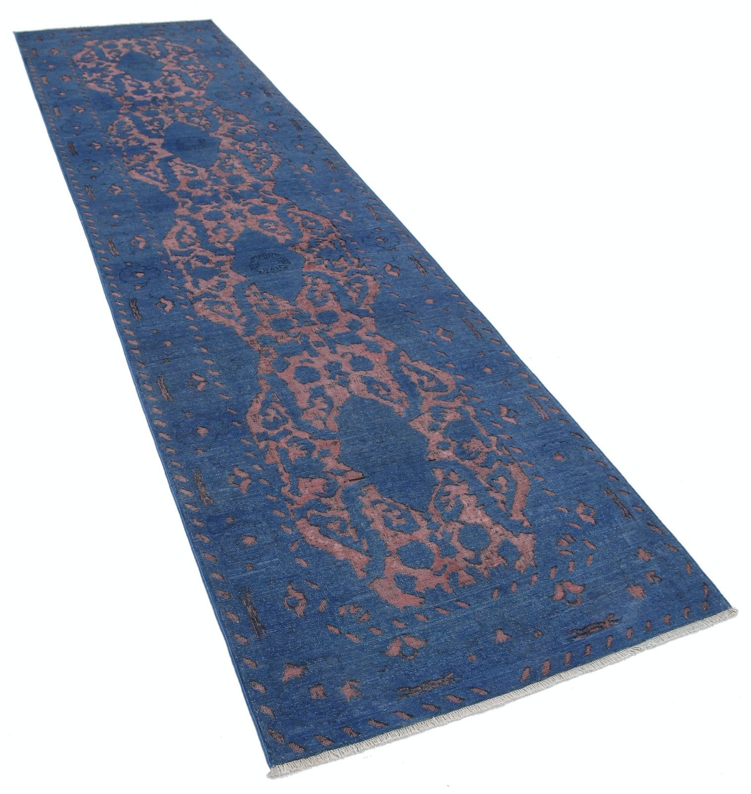 Tapis de couloir turc 3,2 x 12 pi, bleu marine et rose poudré, tapis de cuisine et de couloir photo furniture