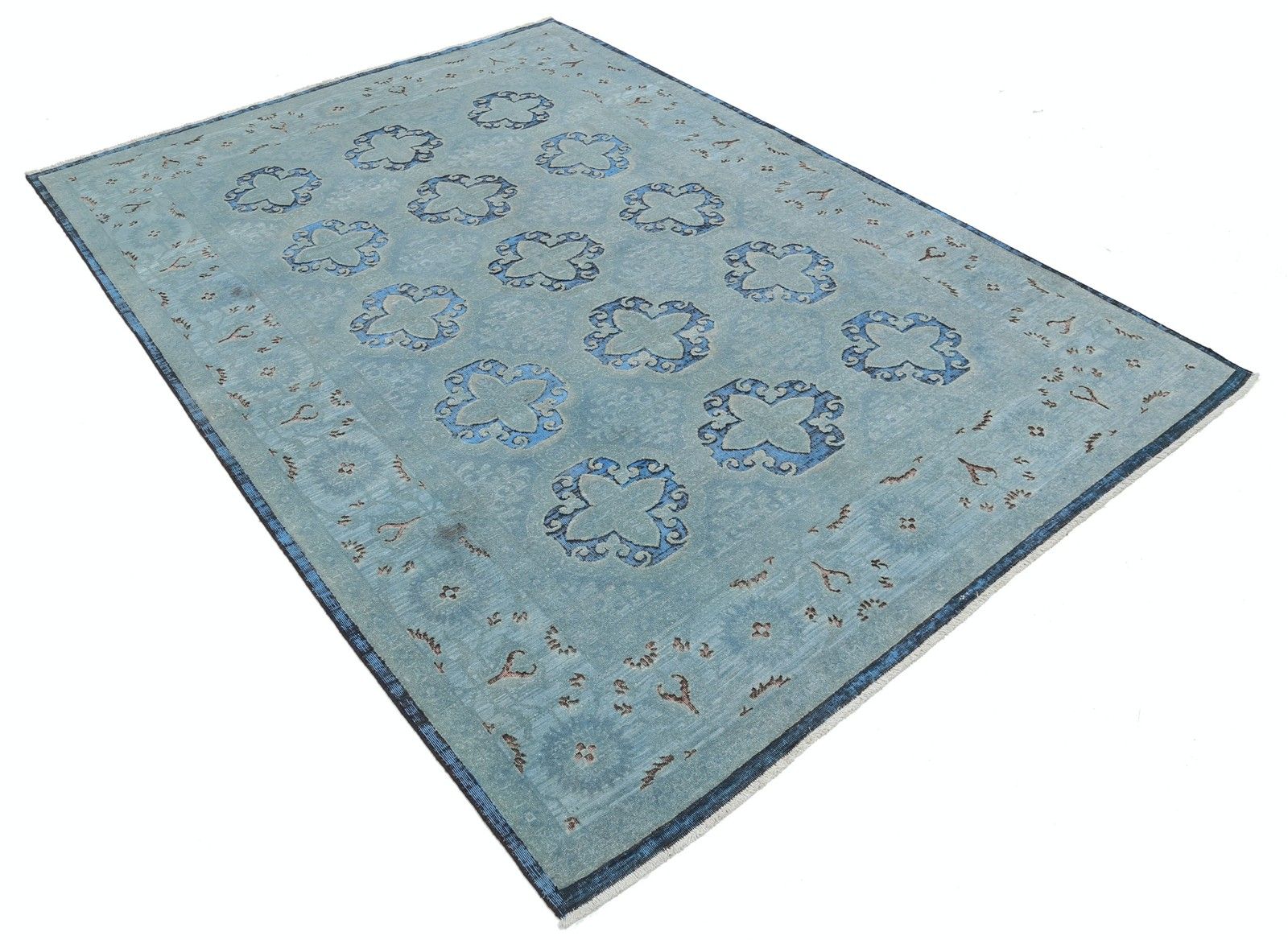 Tapis fait main bleu clair et bleu marine, 1,90 x 2,60 m. Motif médaillon quatrefoil photo furniture